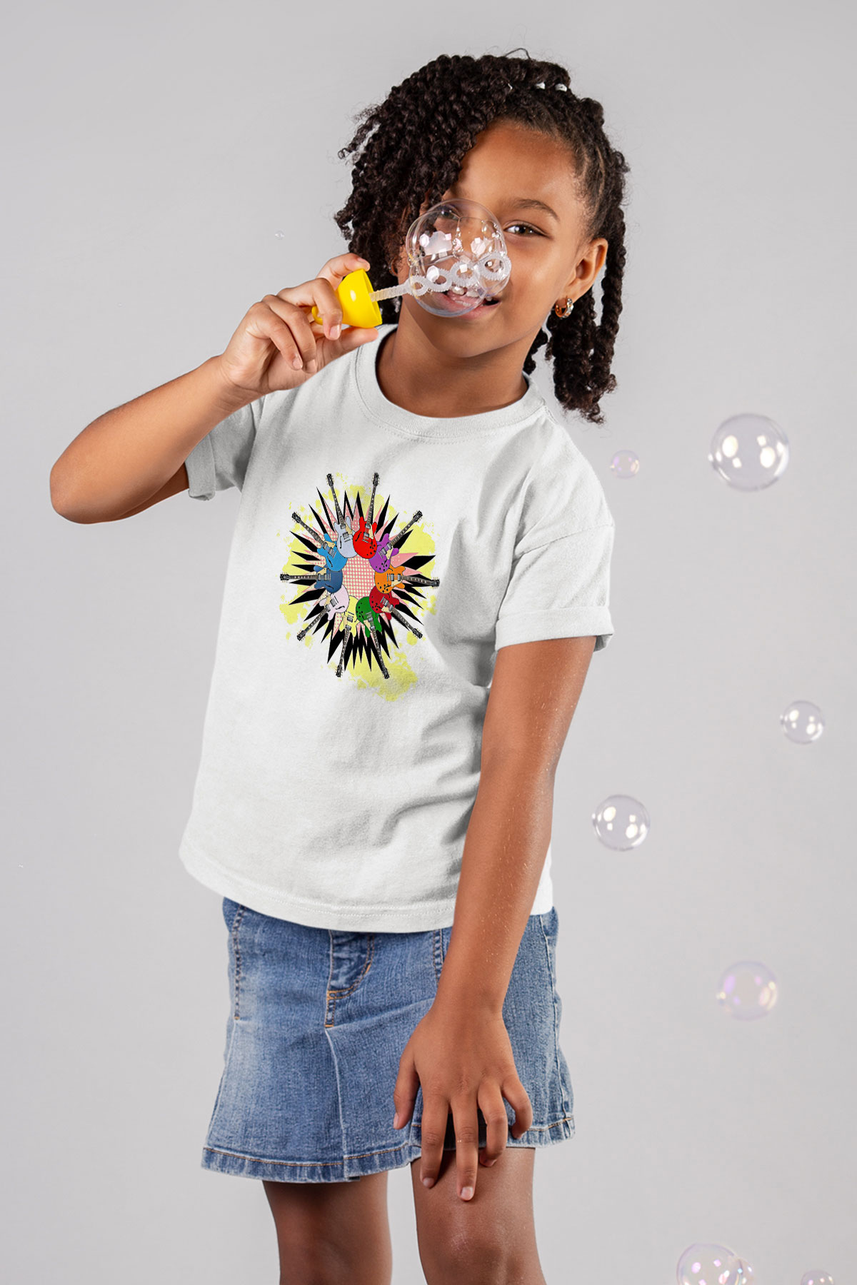 Elektro Gitar Baskılı Beyaz Unisex Beyaz Çocuk Tişört - Tshirt