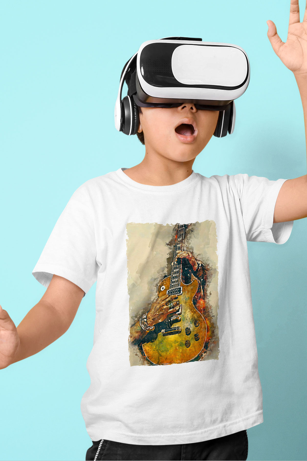 Elektro Gitar Baskılı Beyaz Unisex Beyaz Çocuk Tişört - Tshirt