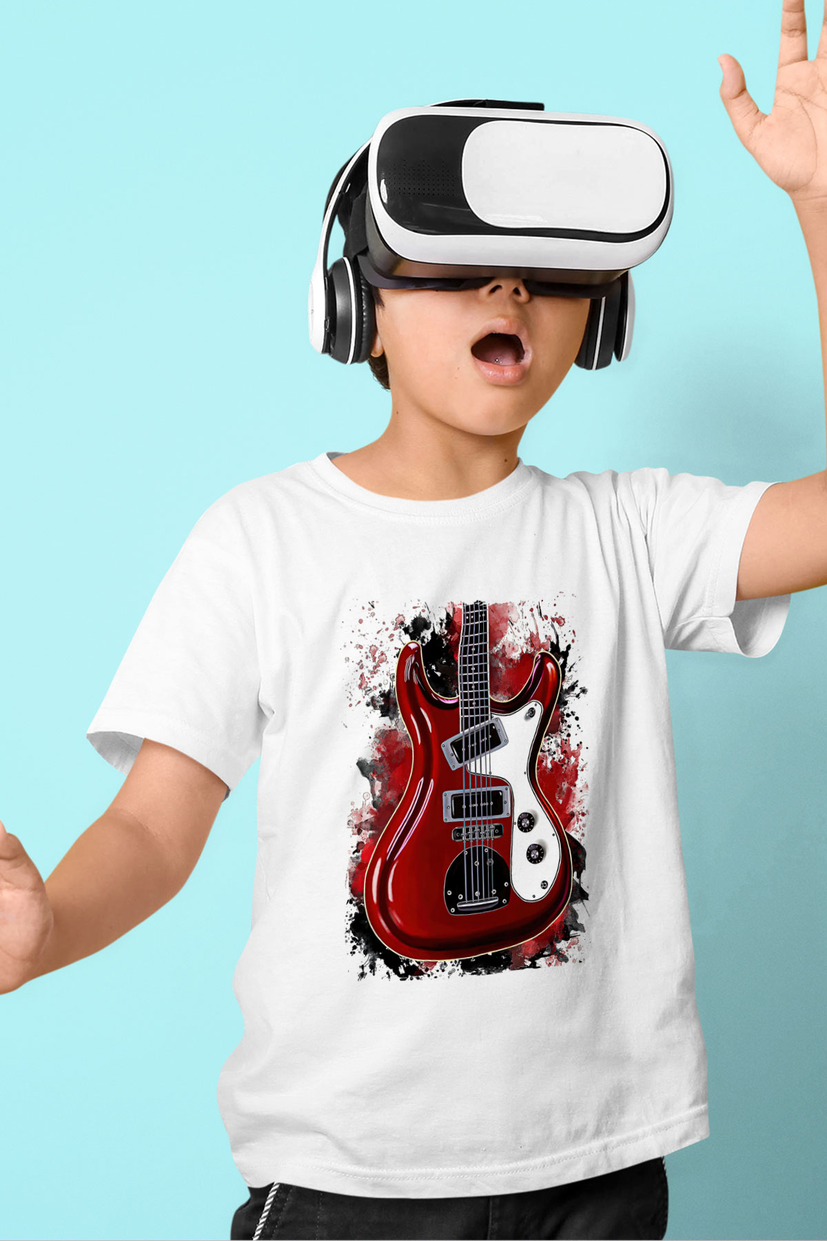 Elektro Gitar Baskılı Beyaz Unisex Beyaz Çocuk Tişört - Tshirt