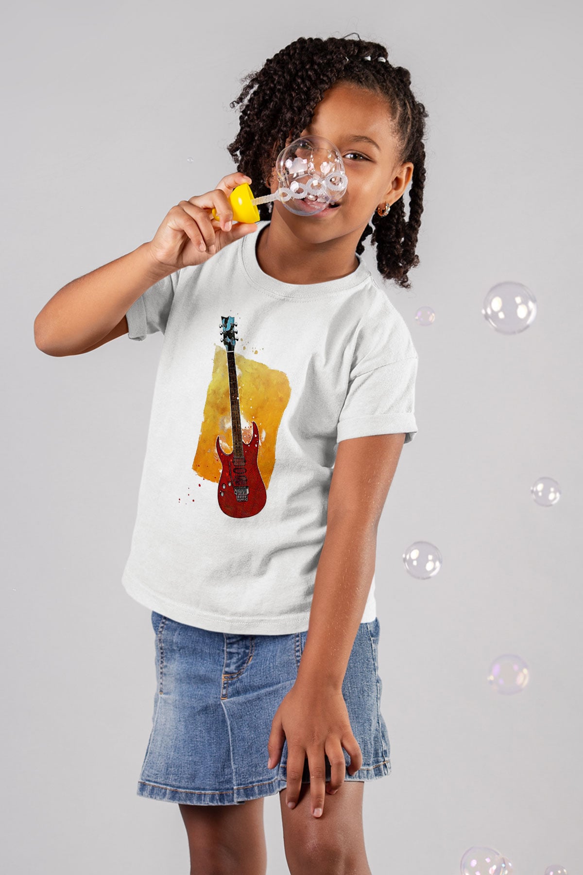 Elektro Gitar Baskılı Beyaz Unisex Beyaz Çocuk Tişört - Tshirt