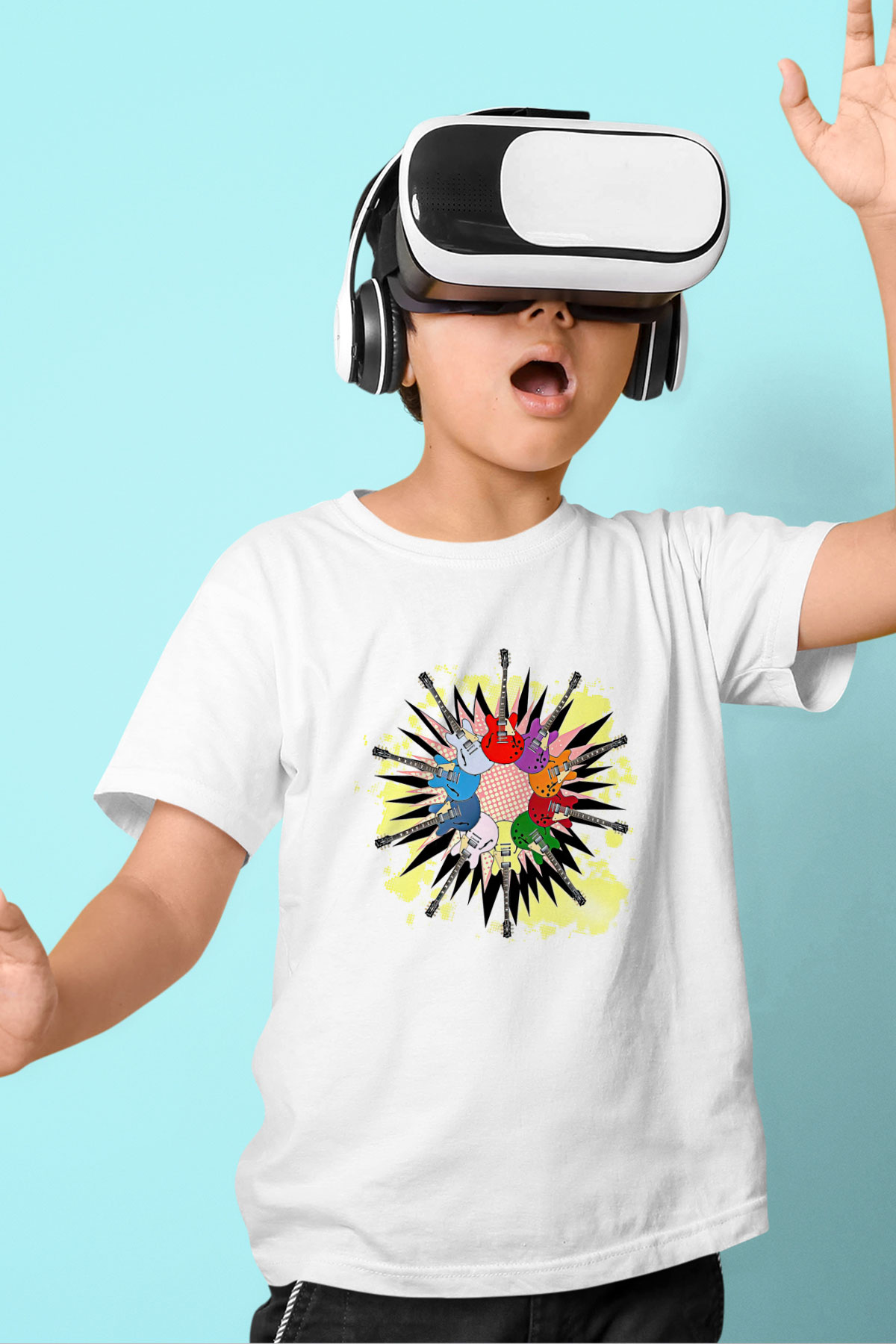 Elektro Gitar Baskılı Beyaz Unisex Beyaz Çocuk Tişört - Tshirt