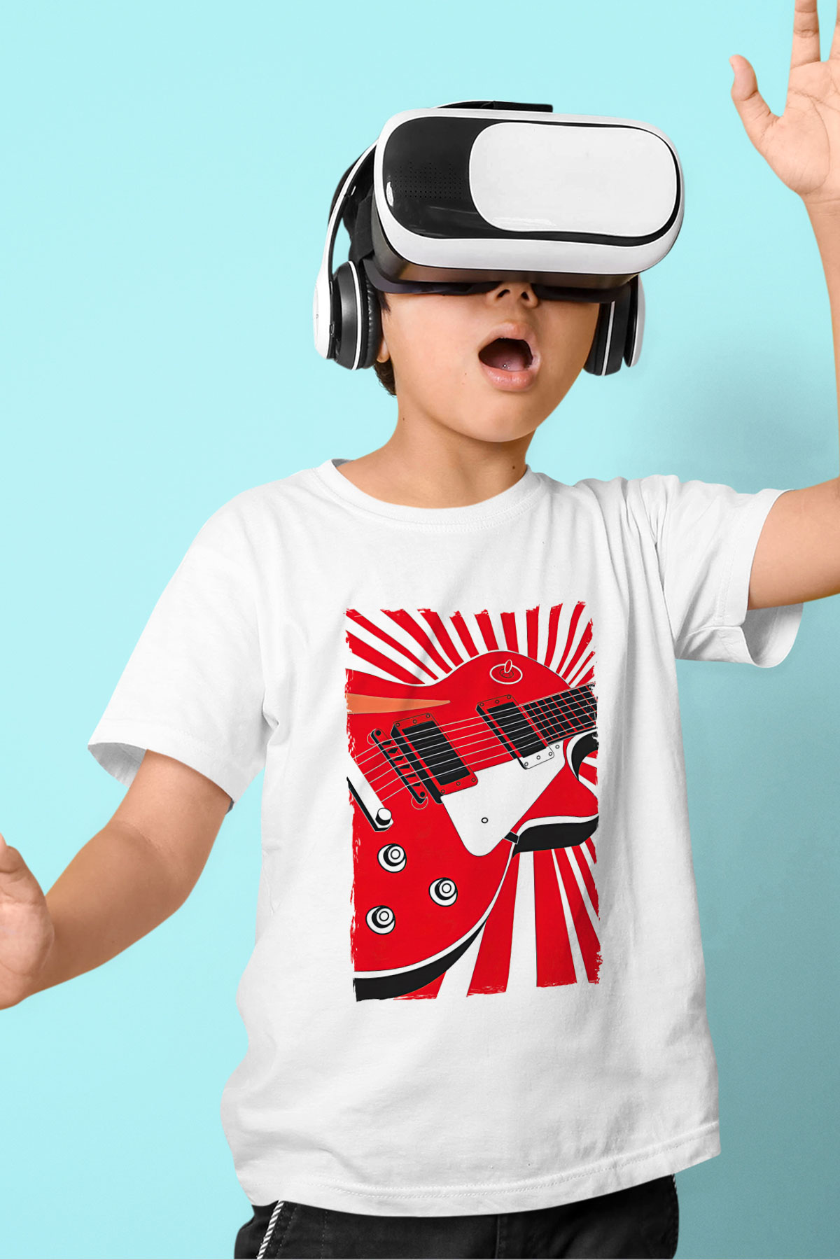 Elektro Gitar Baskılı Beyaz Unisex Beyaz Çocuk Tişört - Tshirt