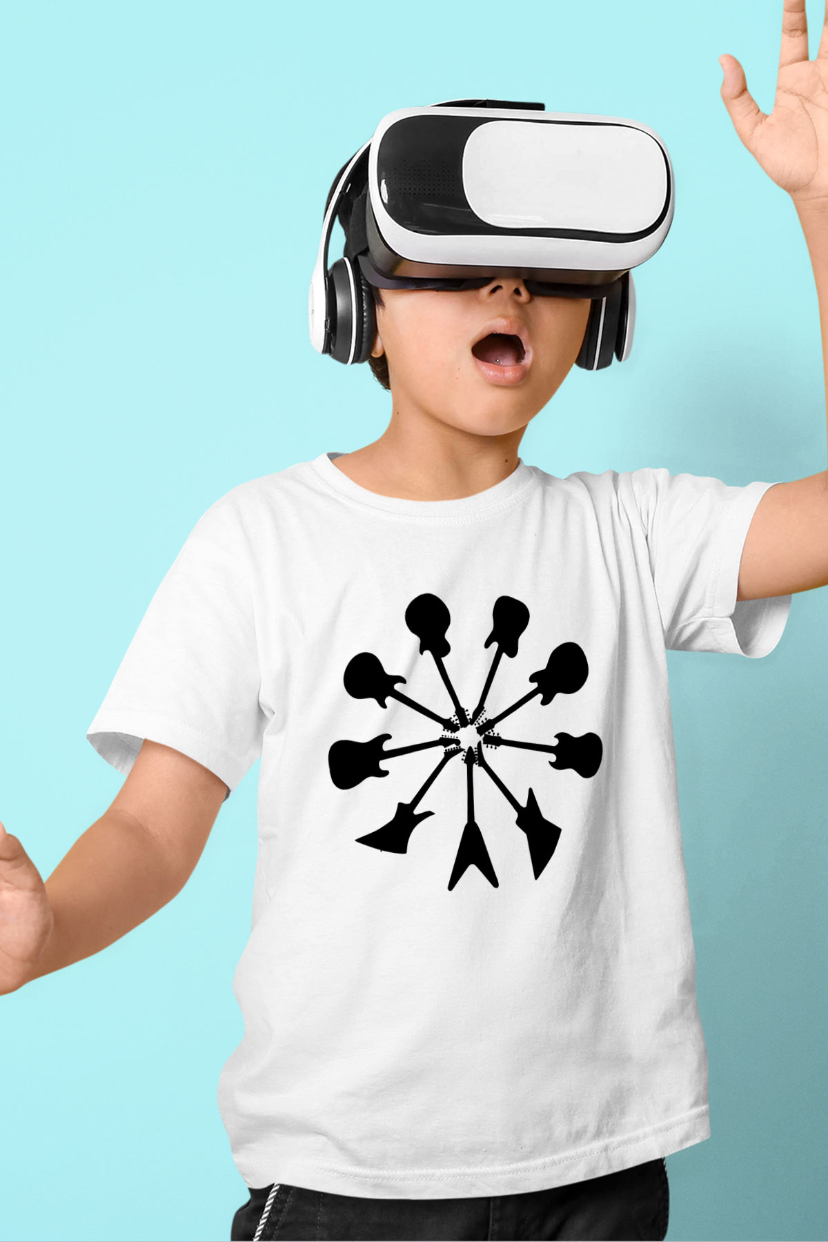 Elektro Gitar Baskılı Beyaz Unisex Beyaz Çocuk Tişört - Tshirt
