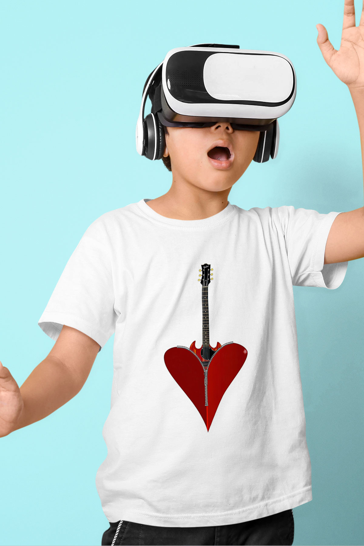 Elektro Gitar Baskılı Beyaz Unisex Beyaz Çocuk Tişört - Tshirt