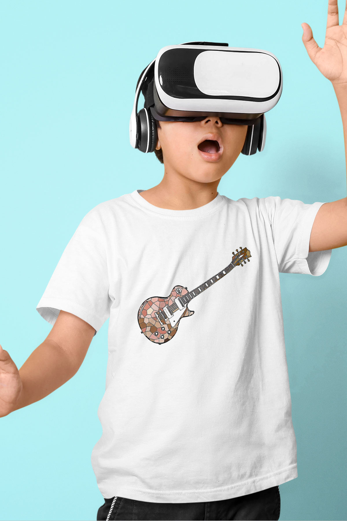 Elektro Gitar Baskılı Beyaz Unisex Beyaz Çocuk Tişört - Tshirt
