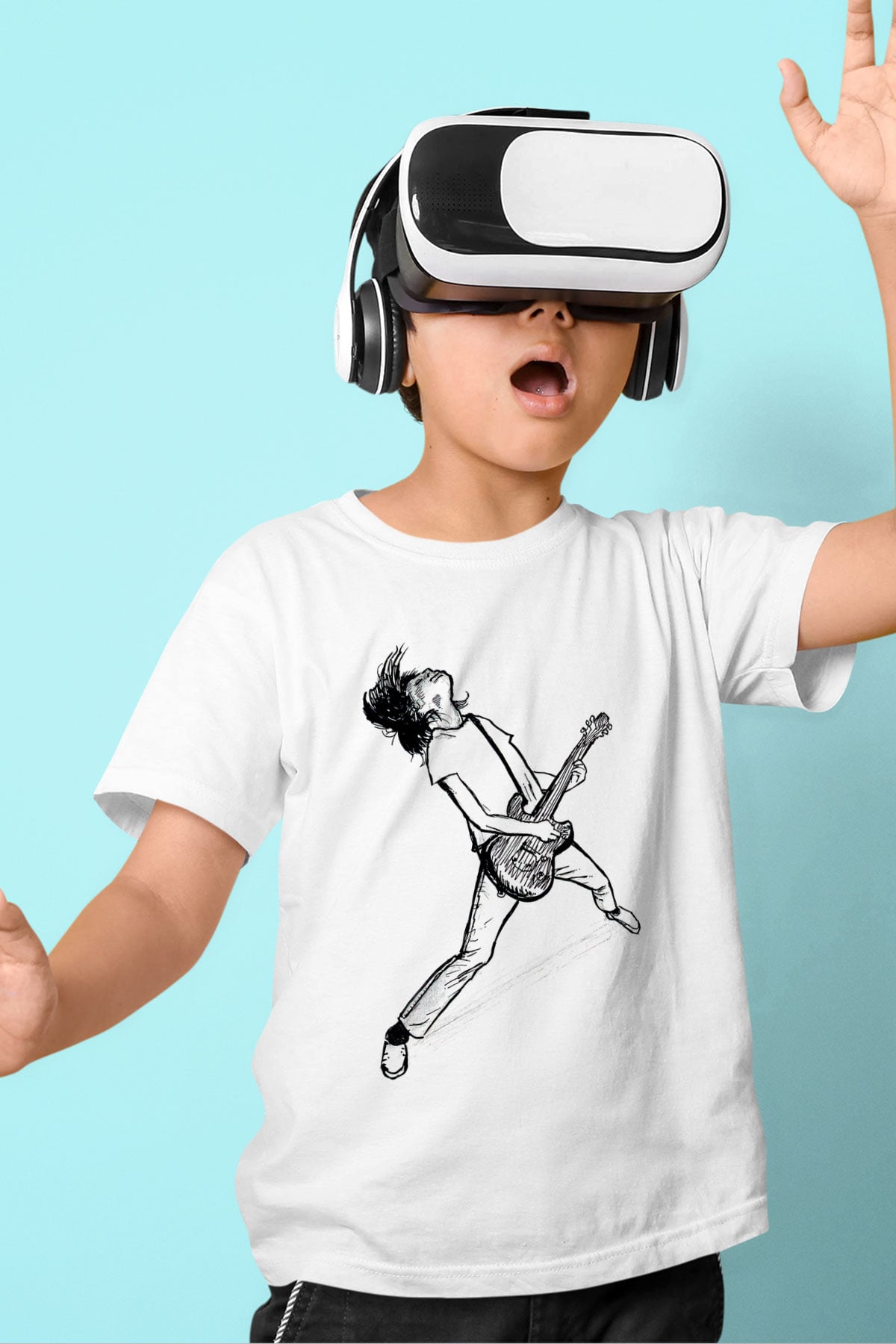 Elektro Gitar Baskılı Beyaz Unisex Beyaz Çocuk Tişört - Tshirt