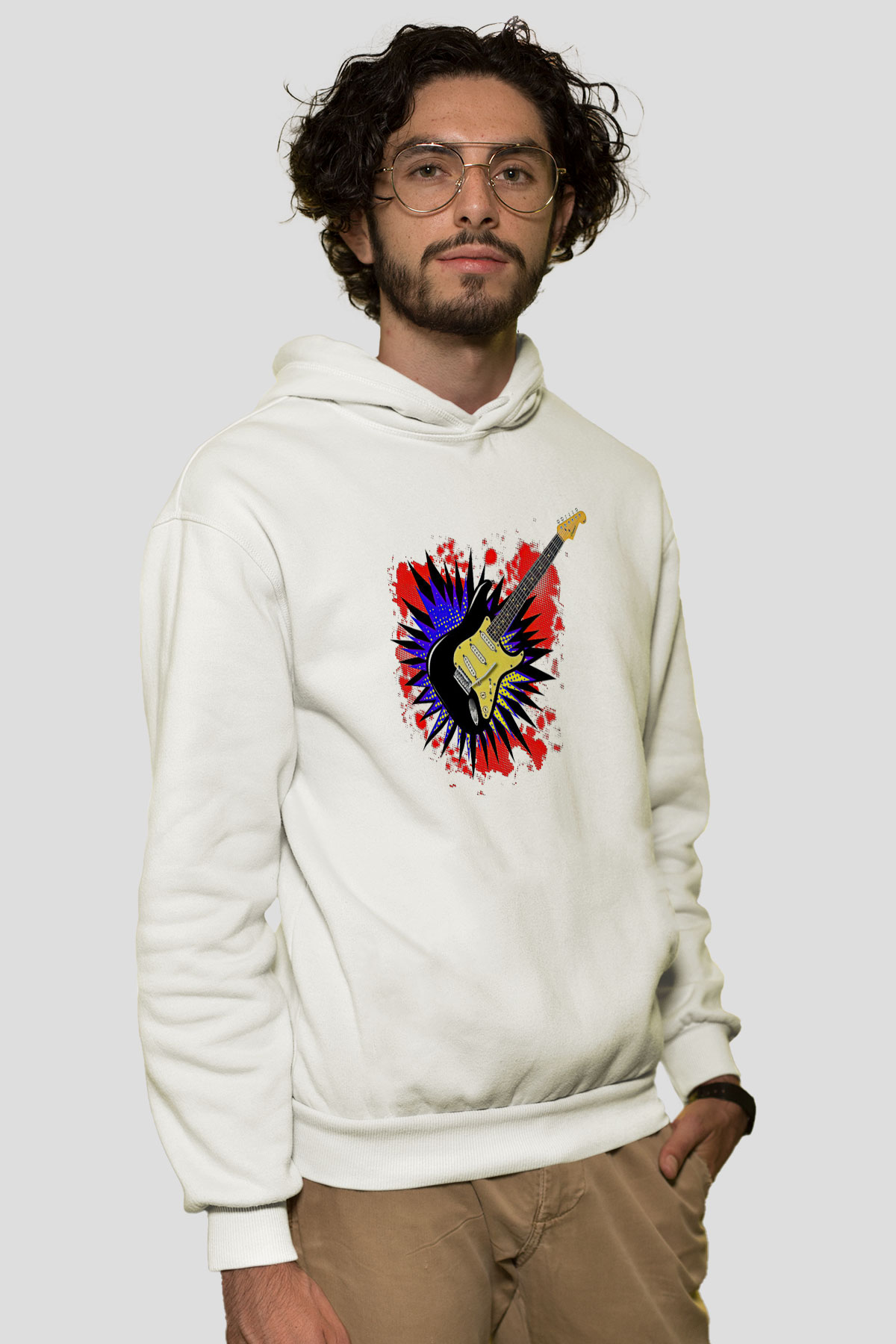 Elektro Gitar Baskılı Beyaz Unisex Hoodie