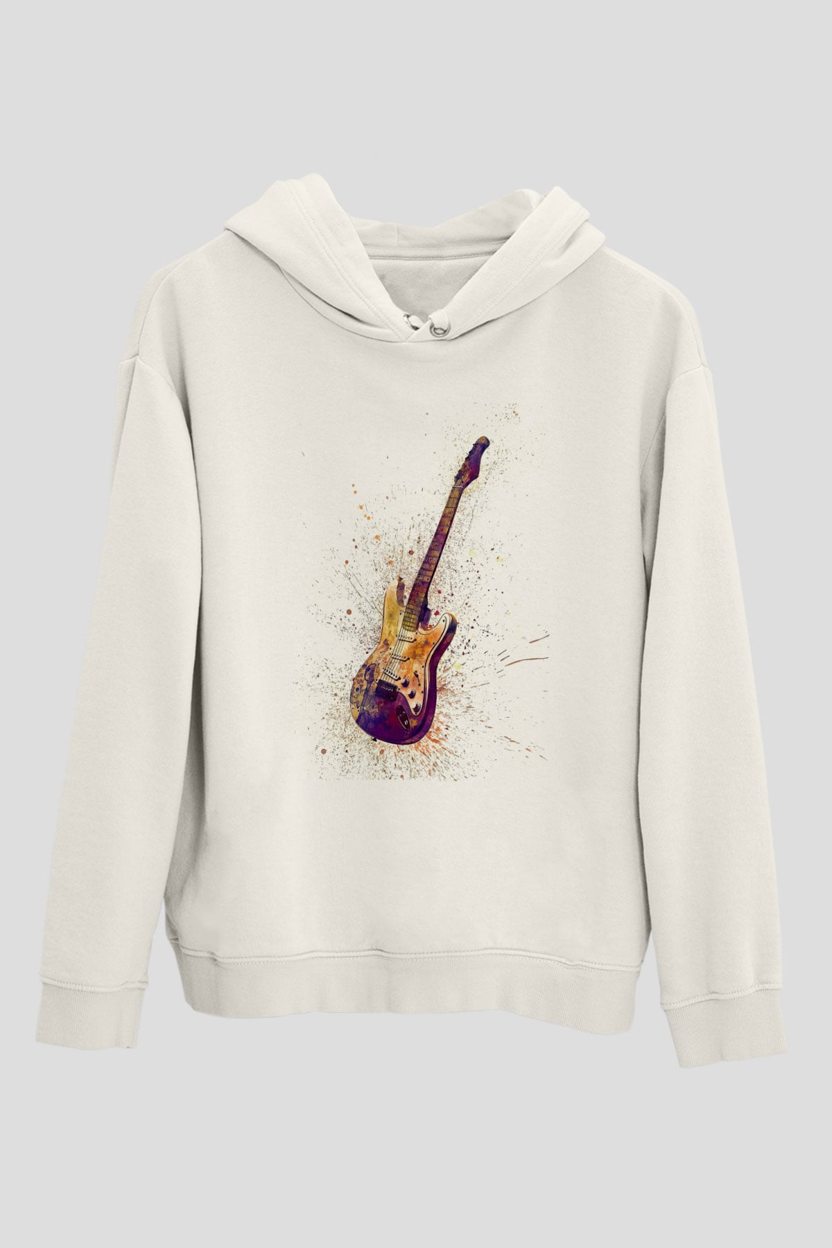 Elektro Gitar Baskılı Beyaz Unisex Hoodie