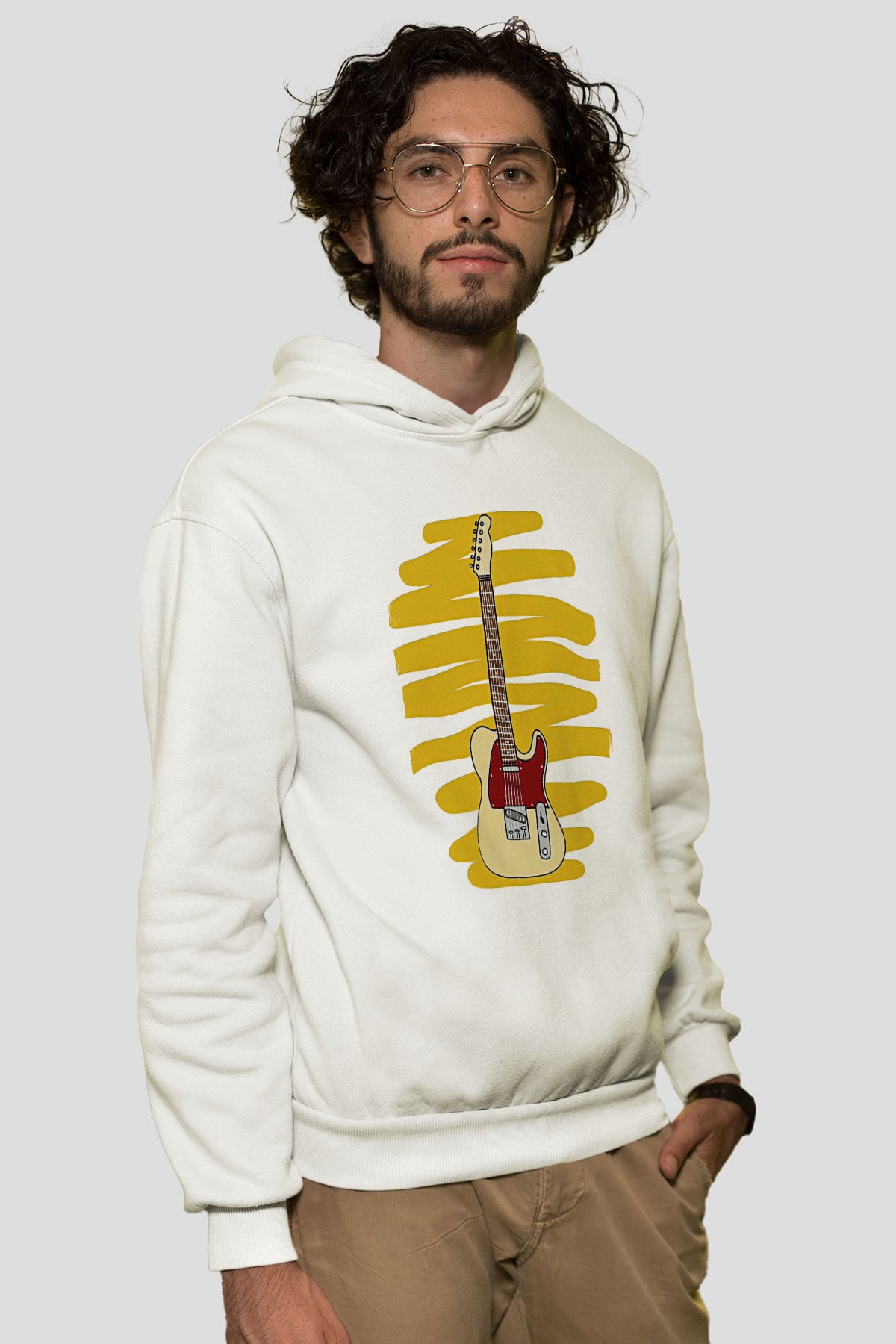 Elektro Gitar Baskılı Beyaz Unisex Hoodie