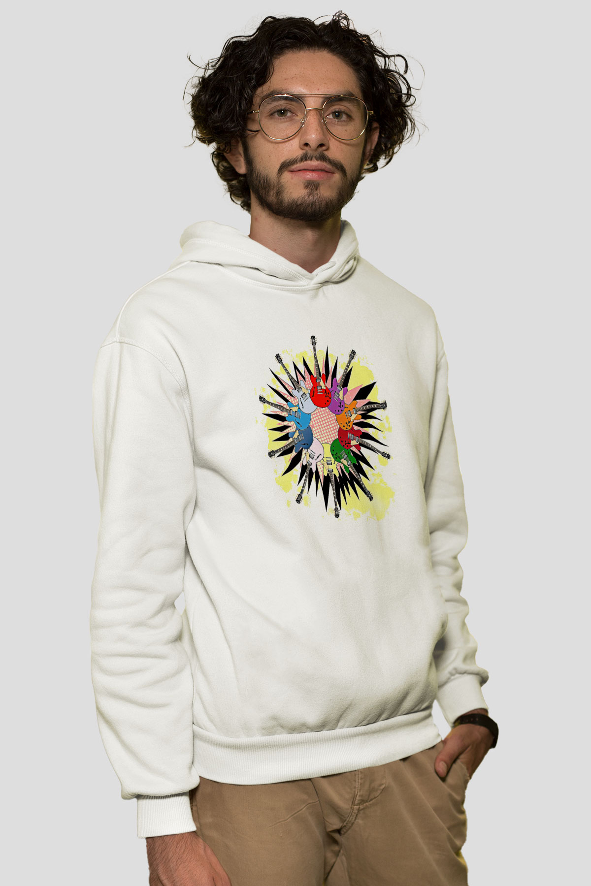 Elektro Gitar Baskılı Beyaz Unisex Hoodie
