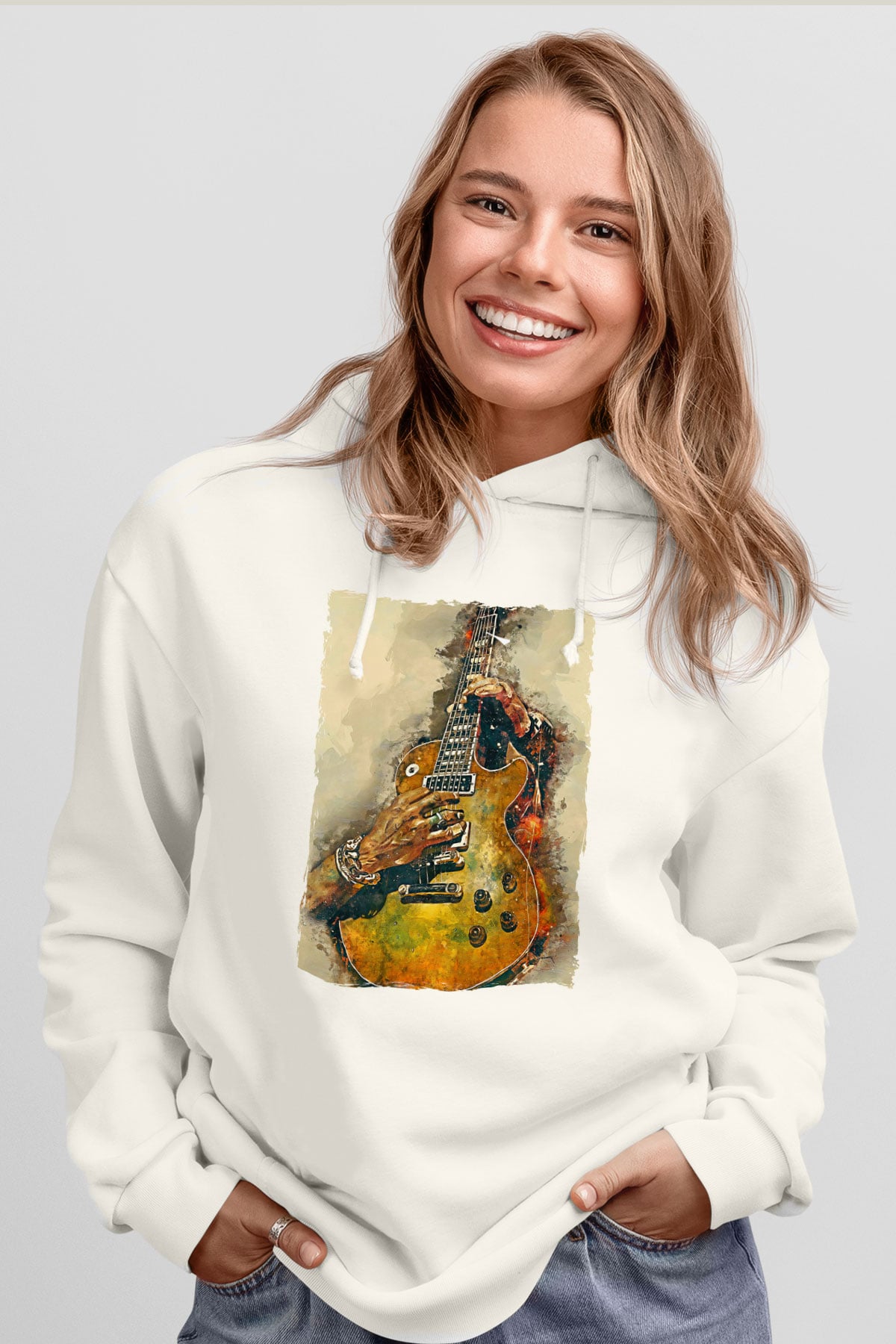 Elektro Gitar Baskılı Beyaz Unisex Hoodie