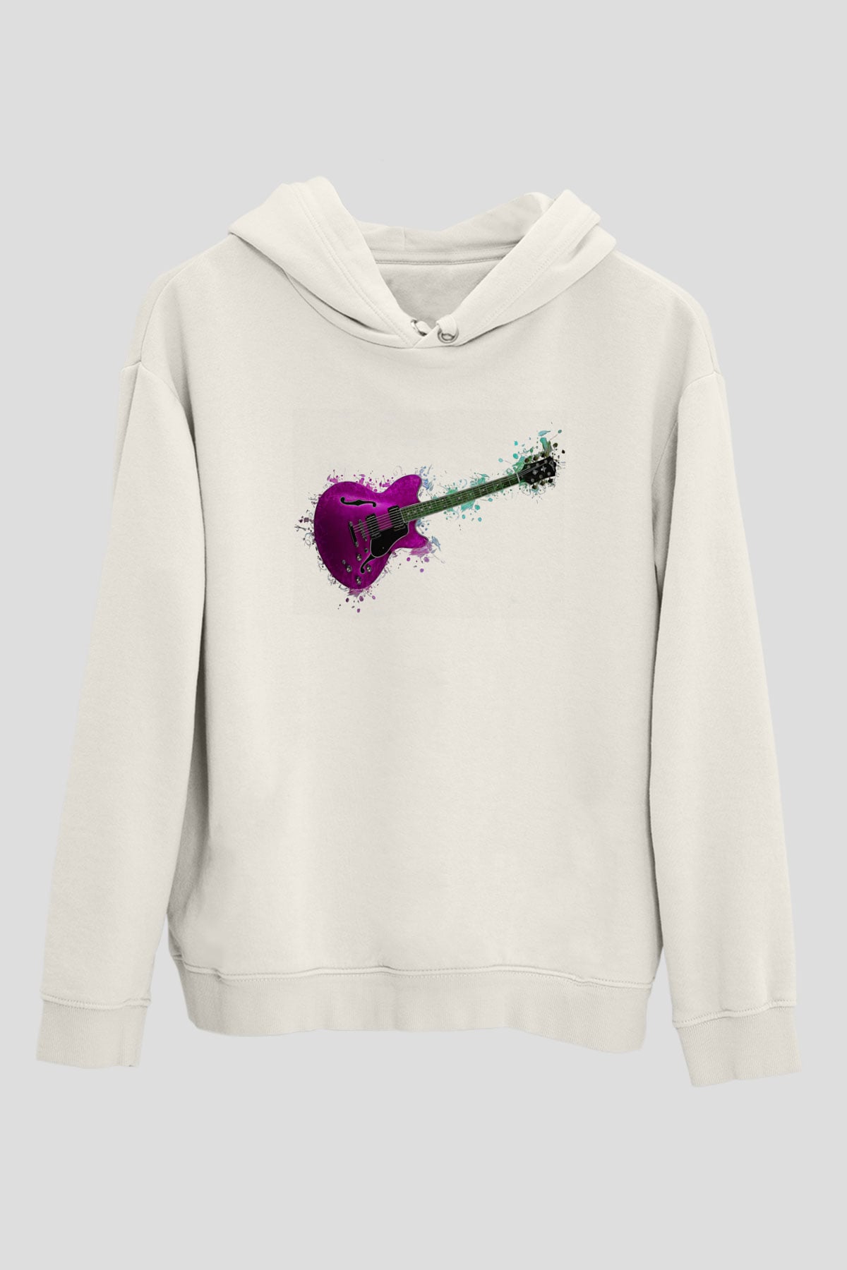 Elektro Gitar Baskılı Beyaz Unisex Hoodie