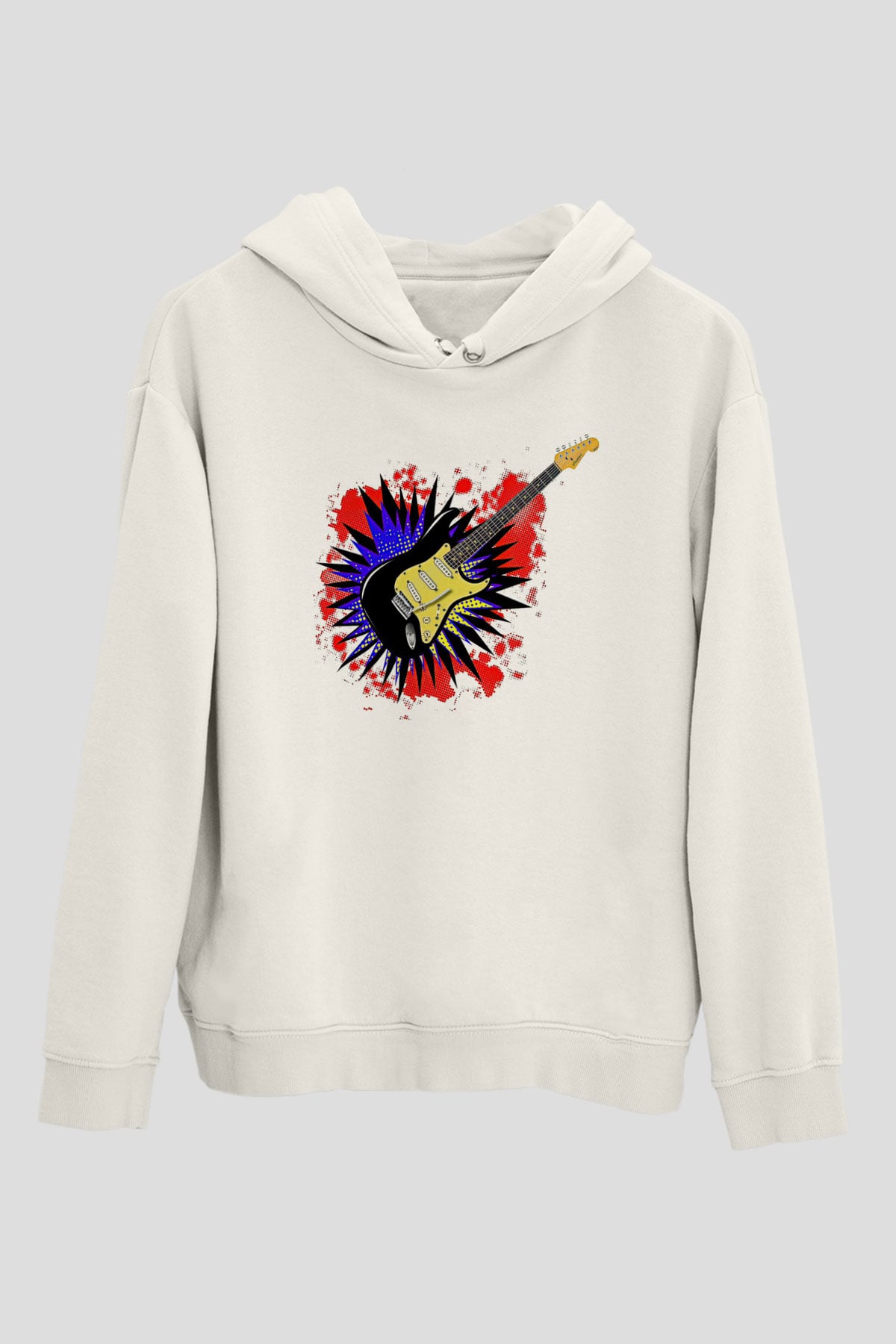 Elektro Gitar Baskılı Beyaz Unisex Hoodie