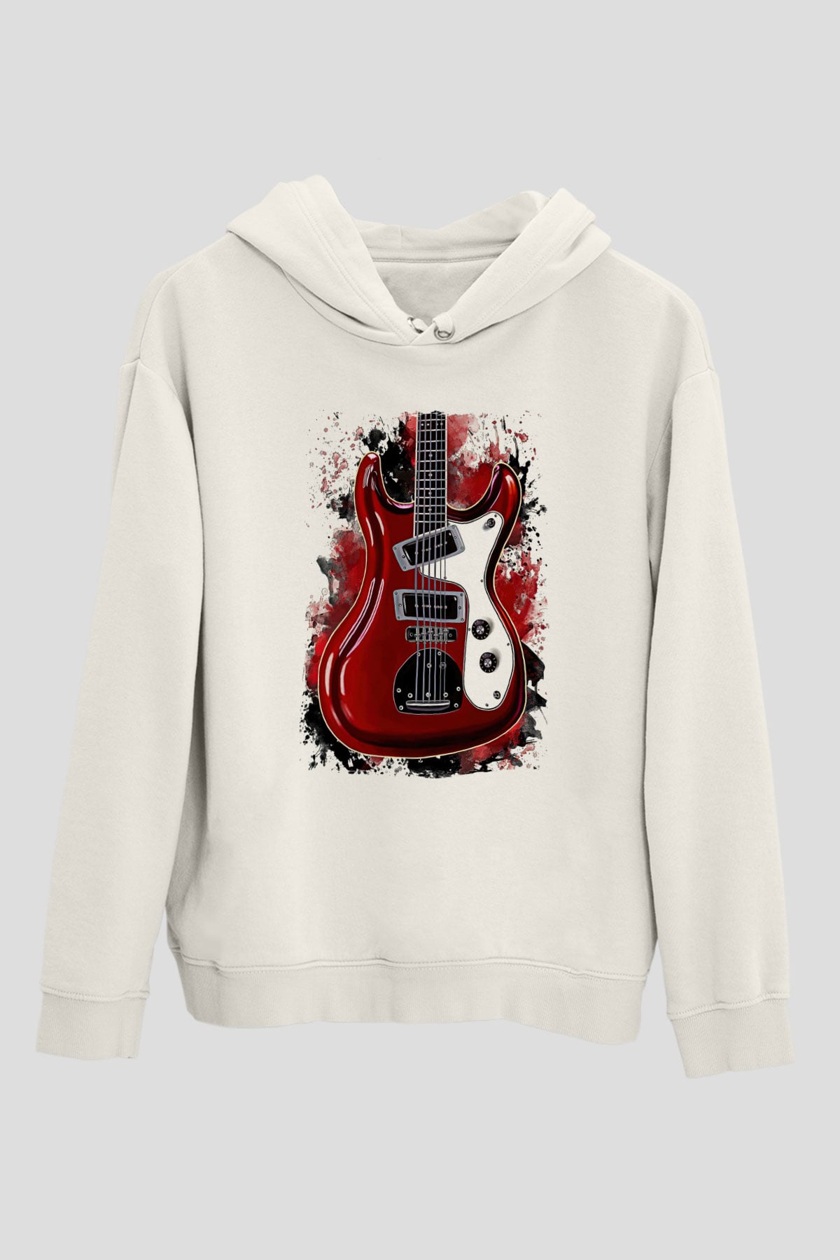 Elektro Gitar Baskılı Beyaz Unisex Hoodie