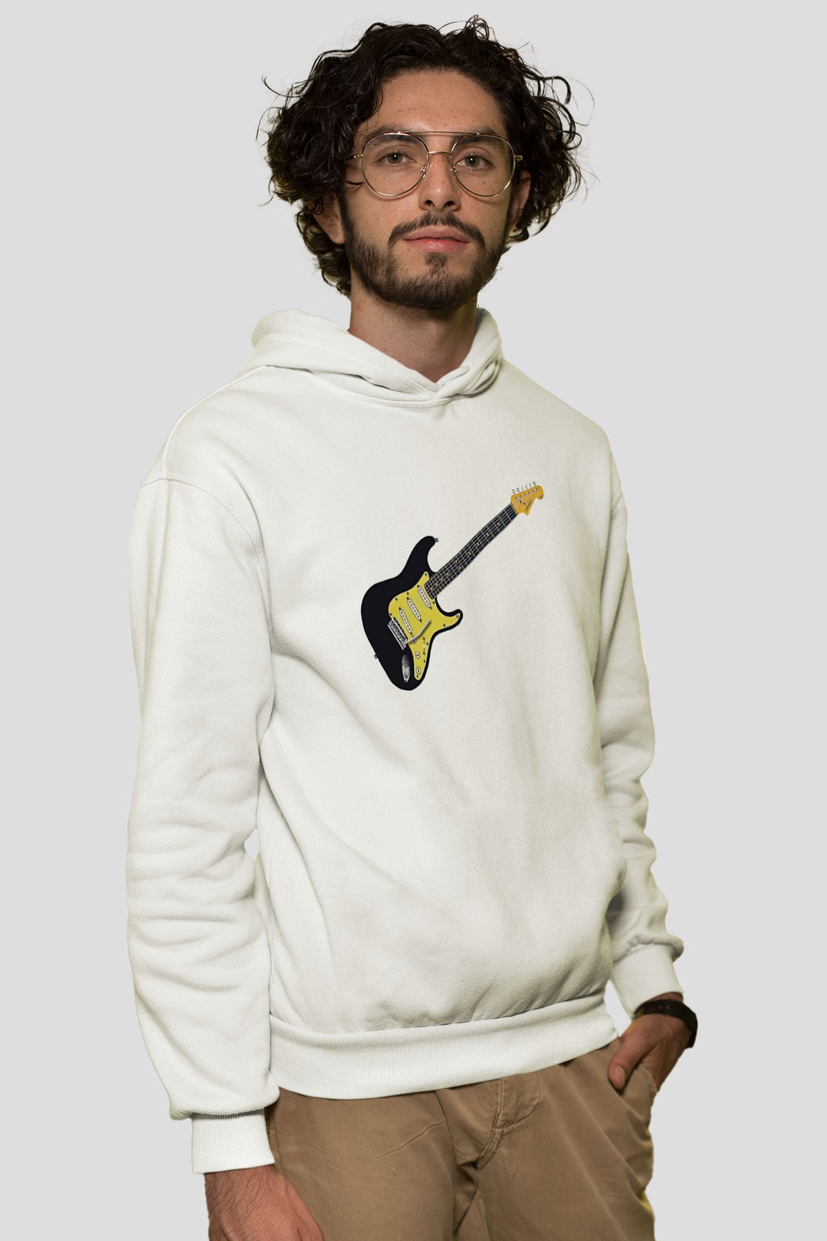 Elektro Gitar Baskılı Beyaz Unisex Hoodie