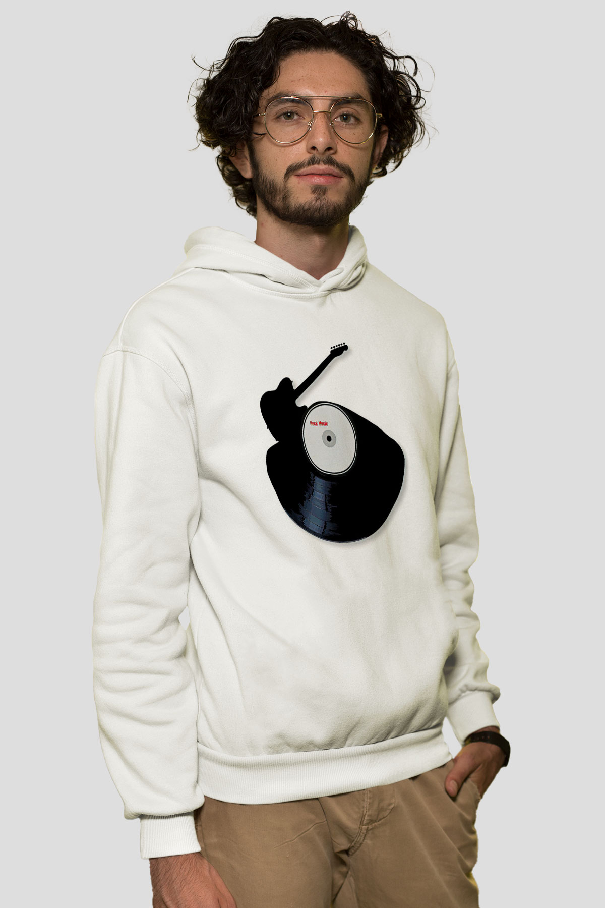 Elektro Gitar Baskılı Beyaz Unisex Hoodie