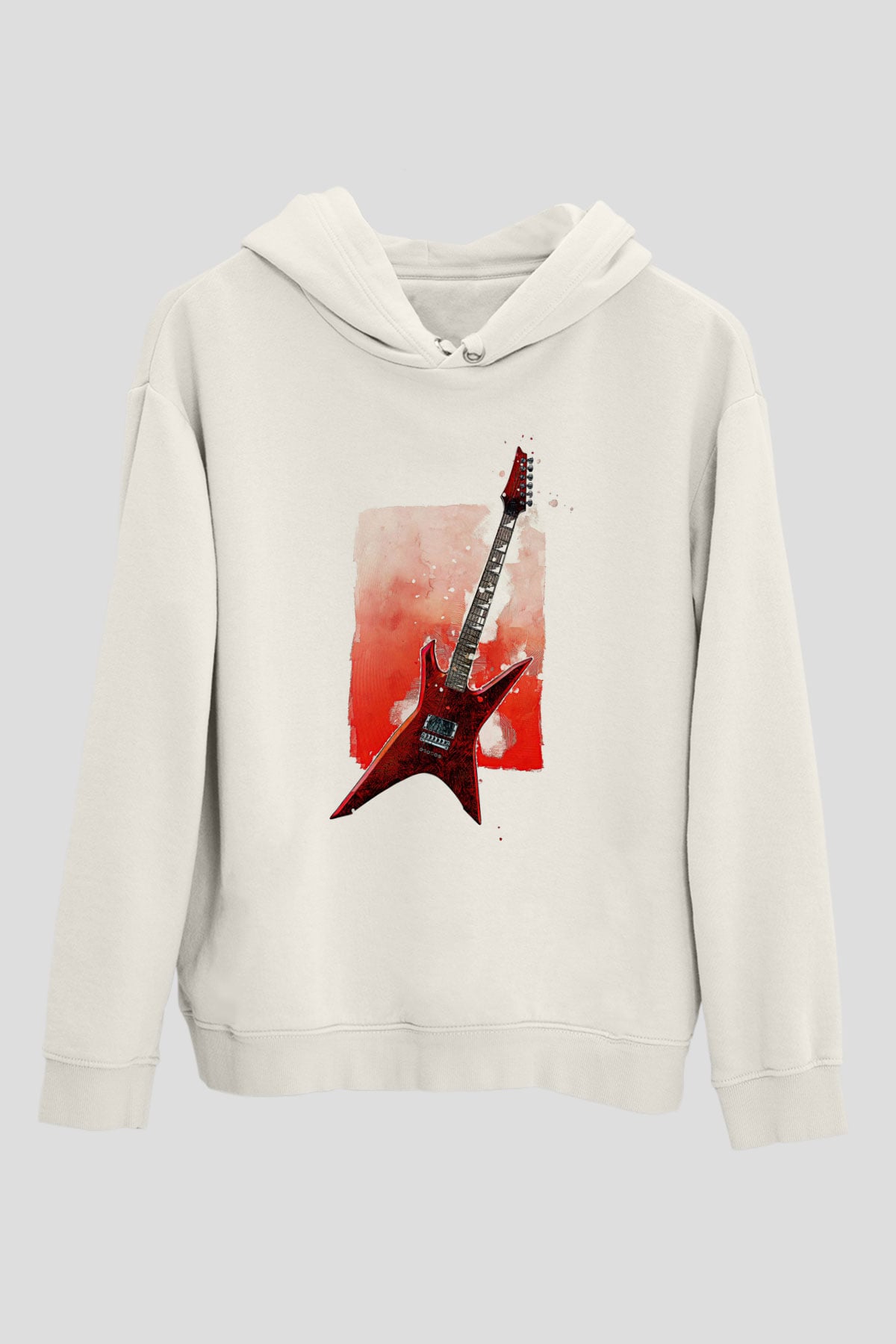 Elektro Gitar Baskılı Beyaz Unisex Hoodie