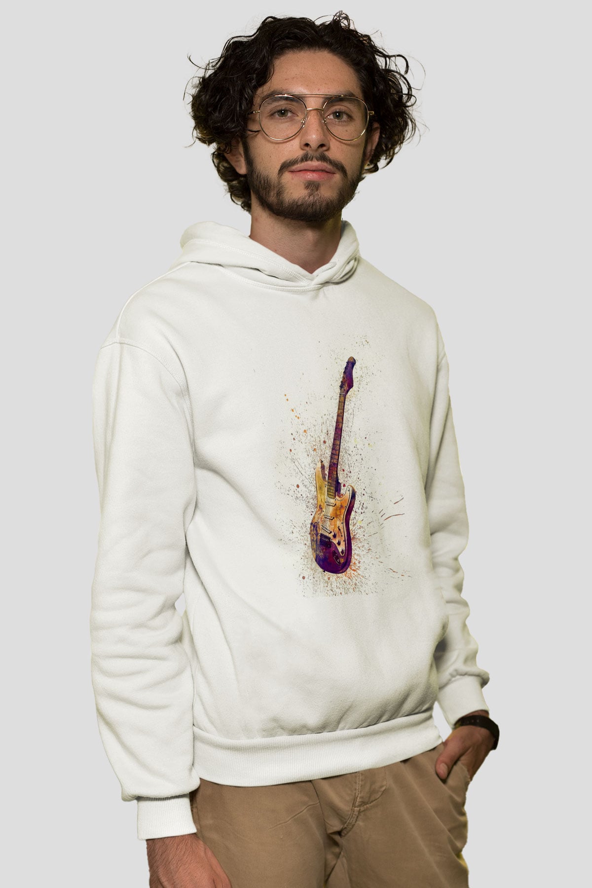 Elektro Gitar Baskılı Beyaz Unisex Hoodie