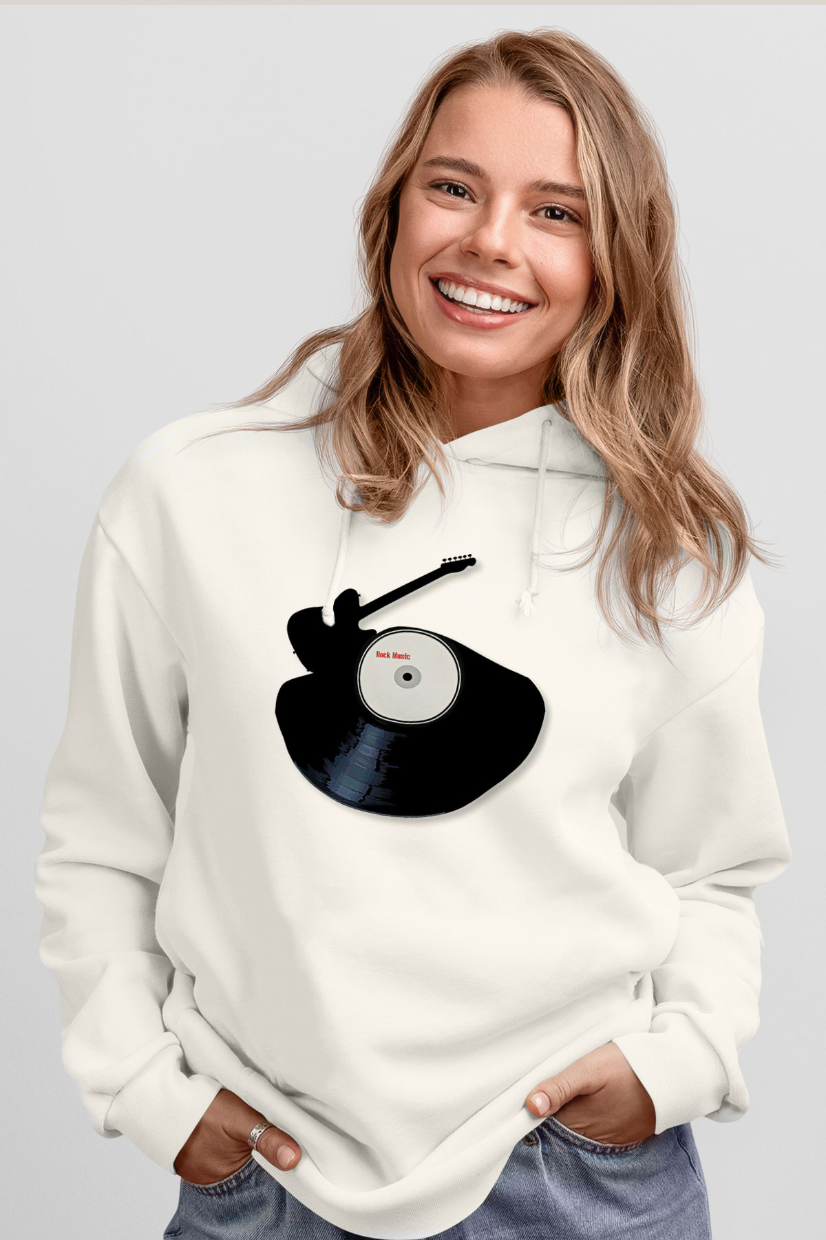 Elektro Gitar Baskılı Beyaz Unisex Hoodie