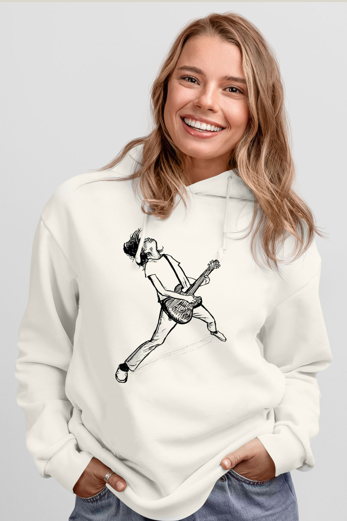 Elektro Gitar Baskılı Beyaz Unisex Hoodie
