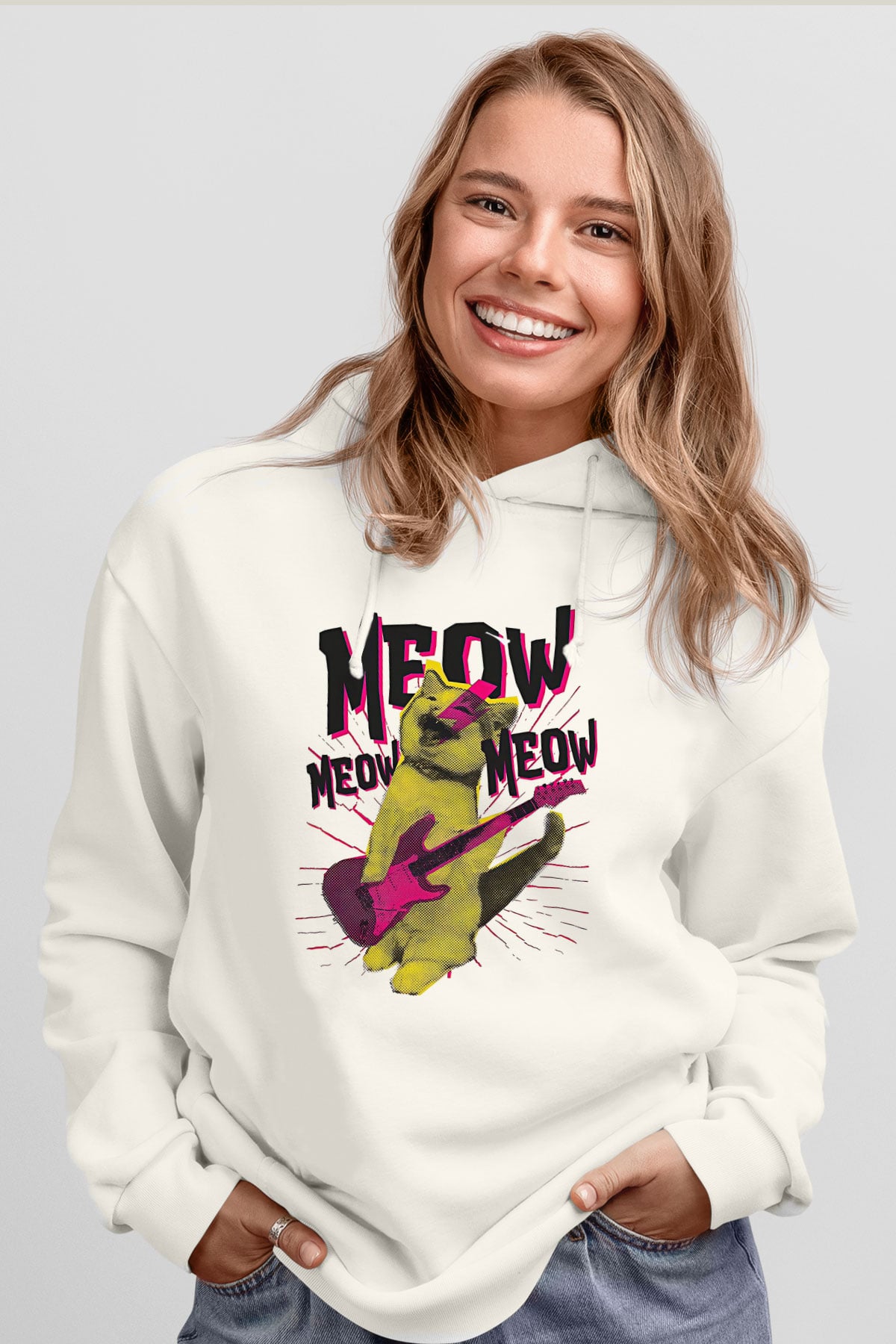 Elektro Gitar Baskılı Beyaz Unisex Hoodie