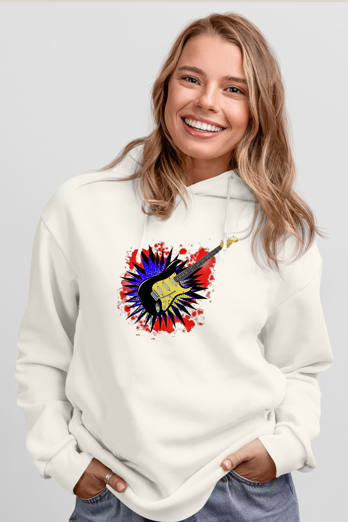 Elektro Gitar Baskılı Beyaz Unisex Hoodie
