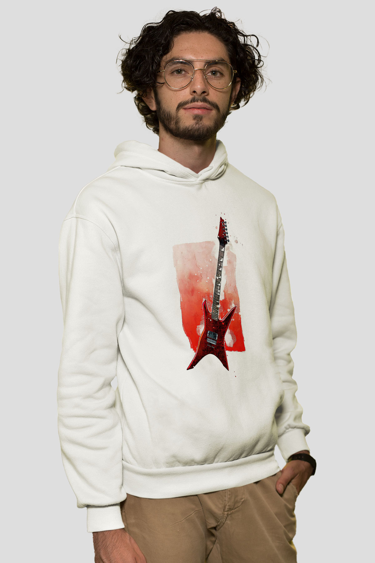 Elektro Gitar Baskılı Beyaz Unisex Hoodie