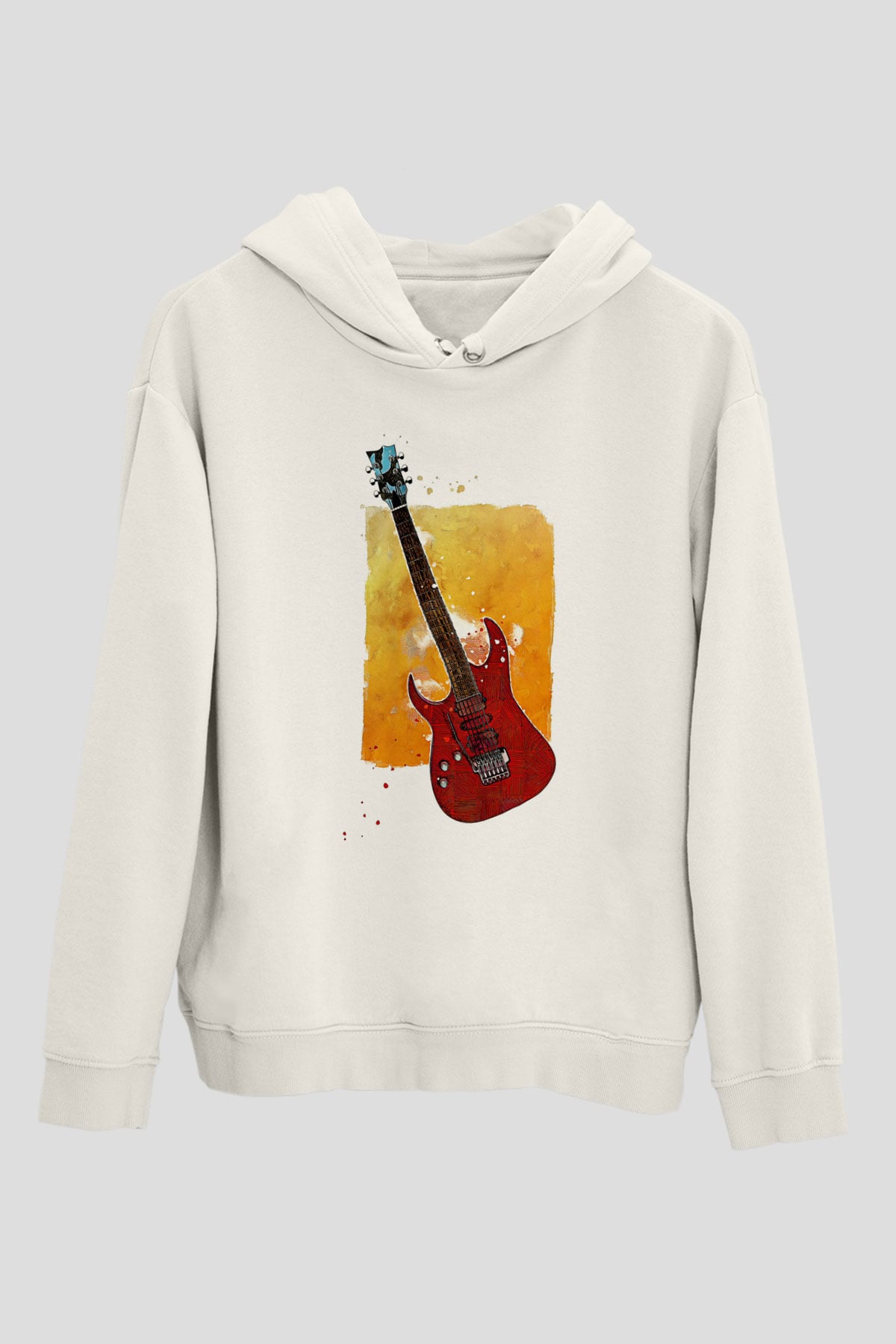 Elektro Gitar Baskılı Beyaz Unisex Hoodie