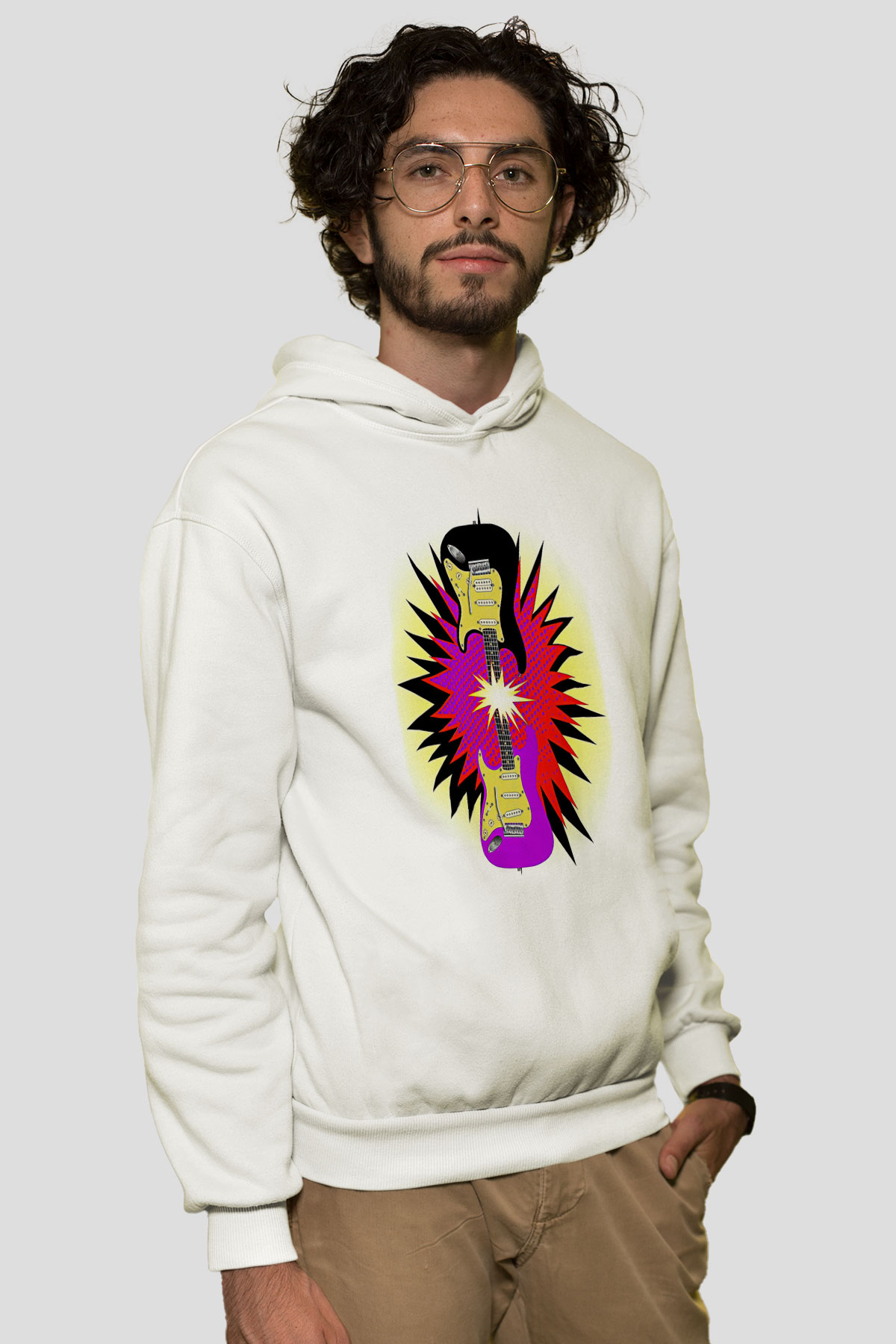 Elektro Gitar Baskılı Beyaz Unisex Hoodie