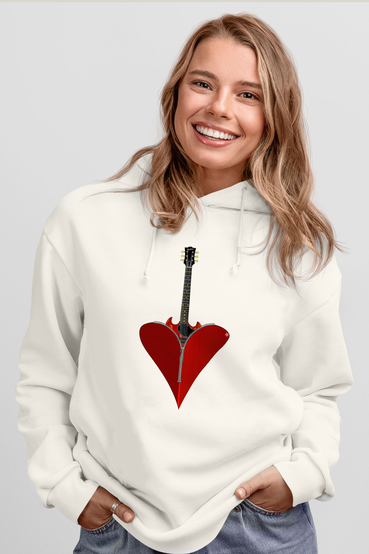 Elektro Gitar Baskılı Beyaz Unisex Hoodie