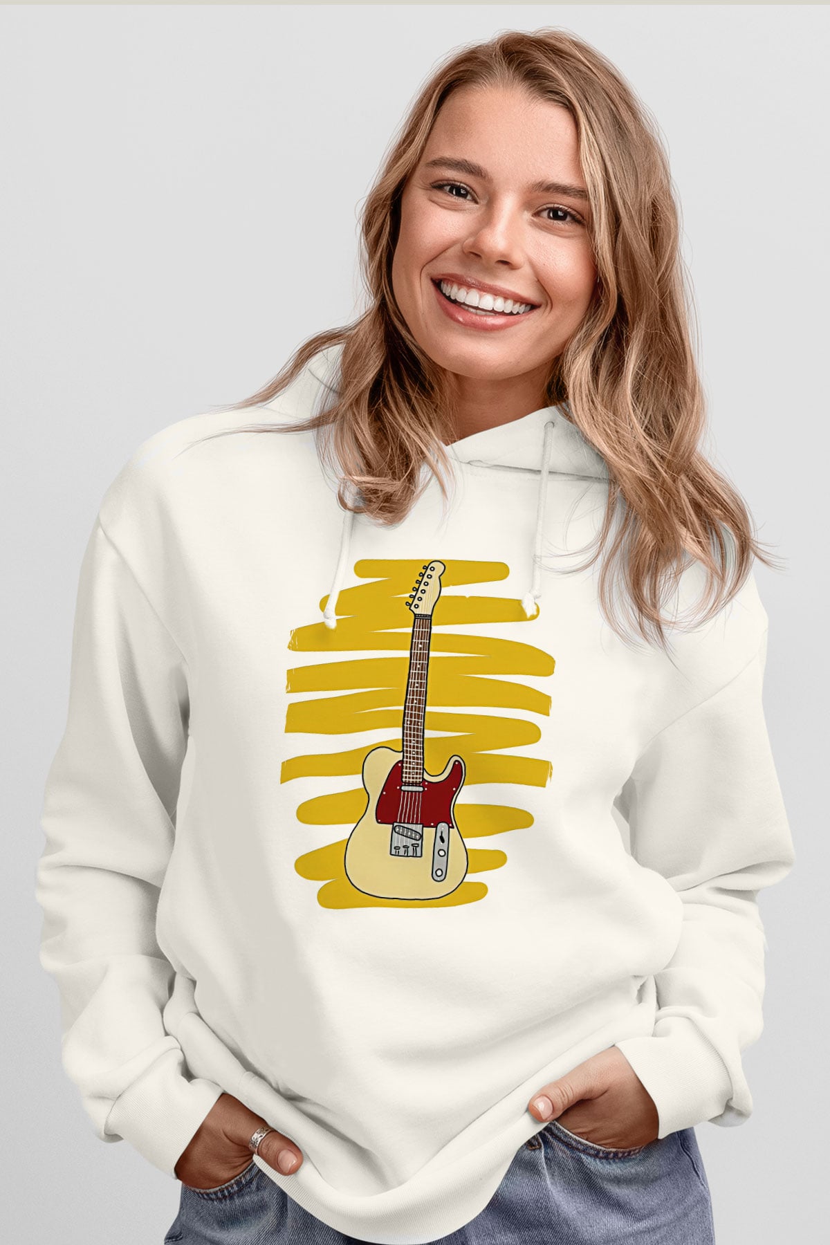 Elektro Gitar Baskılı Beyaz Unisex Hoodie