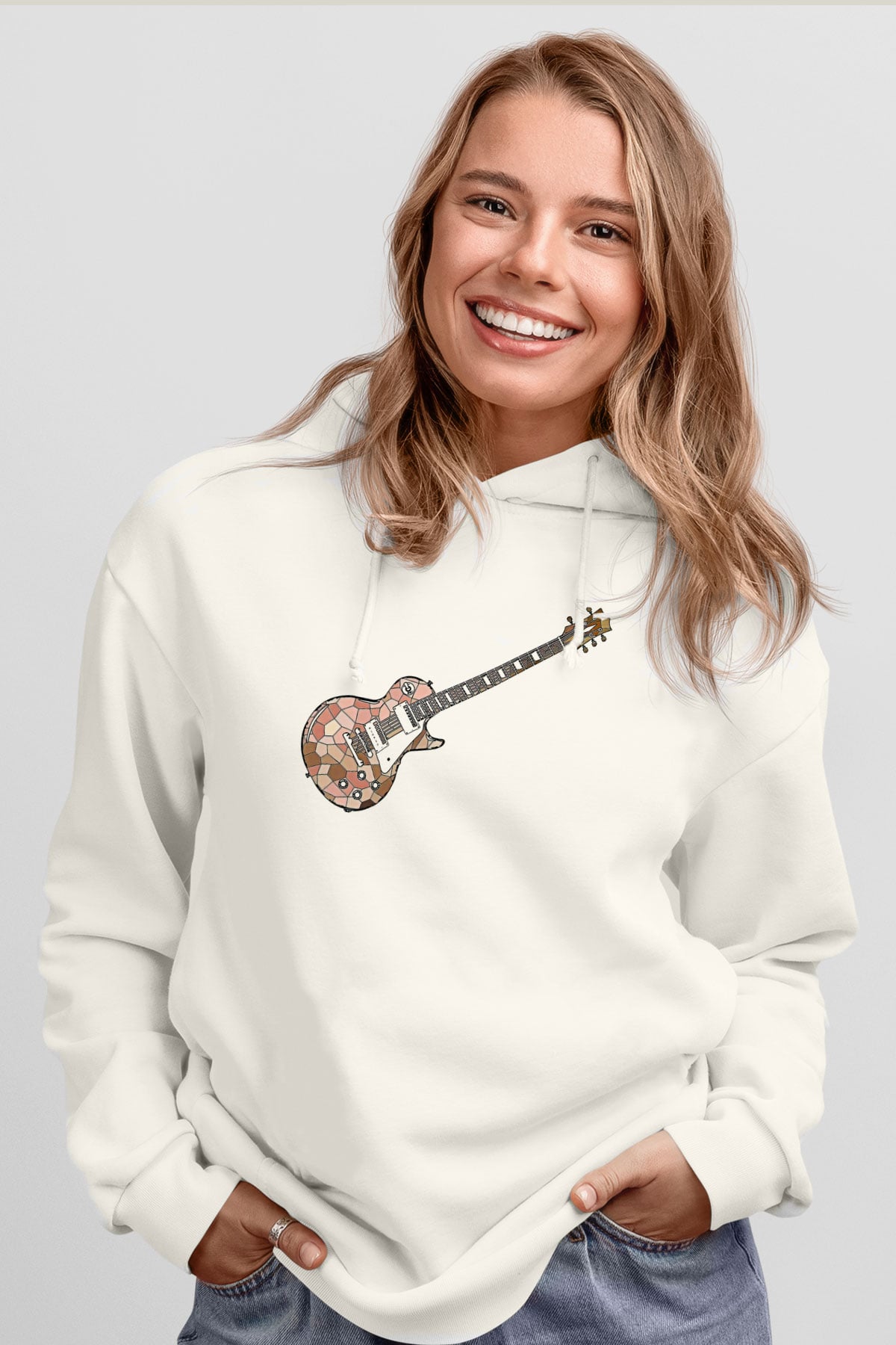 Elektro Gitar Baskılı Beyaz Unisex Hoodie