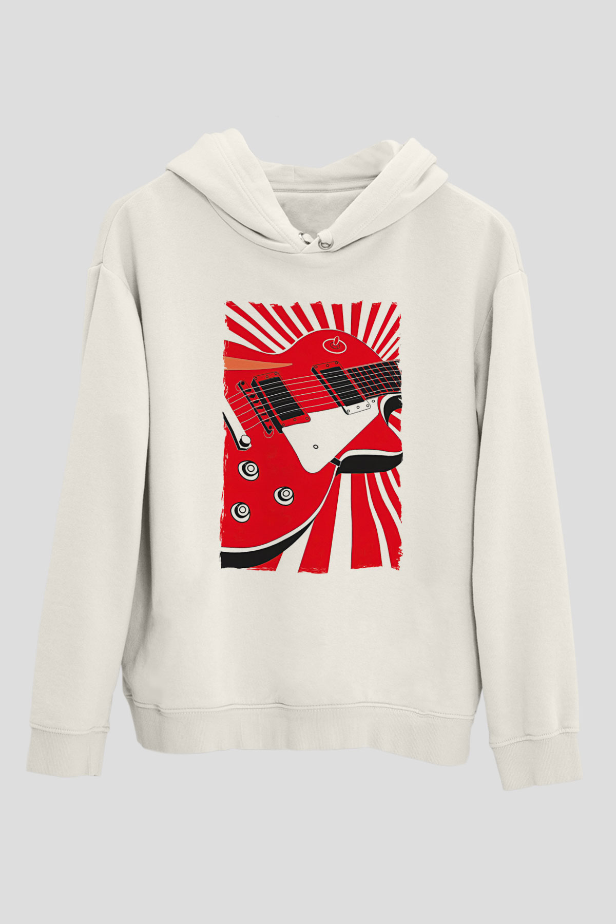 Elektro Gitar Baskılı Beyaz Unisex Hoodie