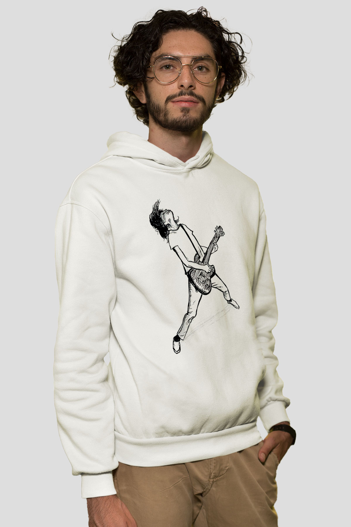 Elektro Gitar Baskılı Beyaz Unisex Hoodie