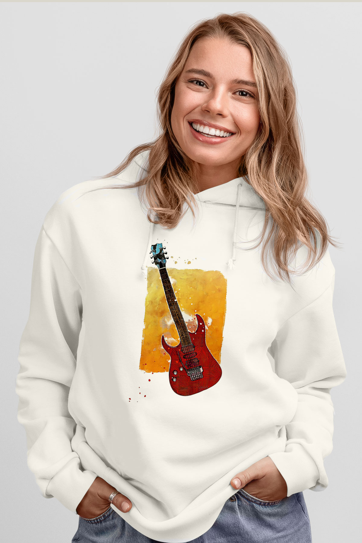 Elektro Gitar Baskılı Beyaz Unisex Hoodie