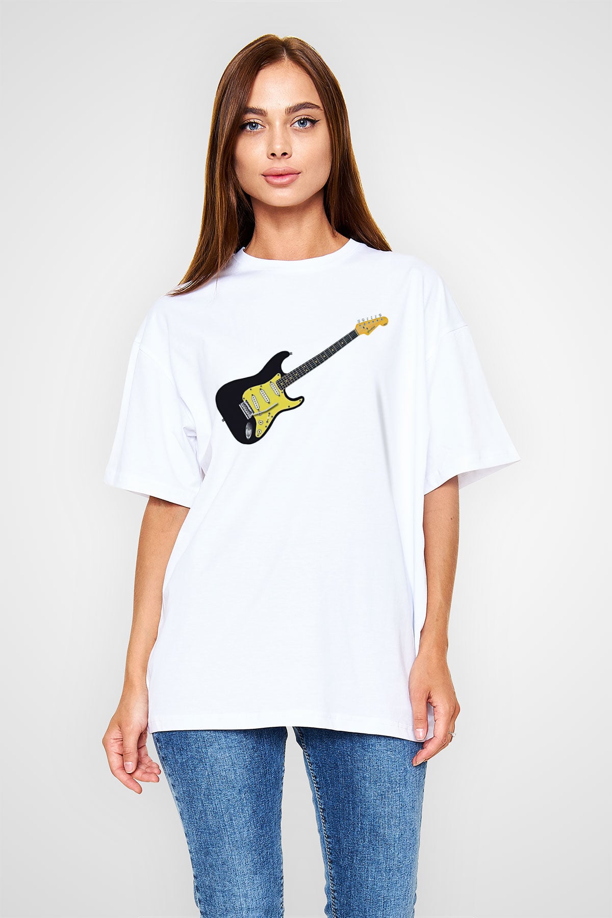 Elektro Gitar Baskılı Beyaz Unisex Oversize Tişört - Tshirt