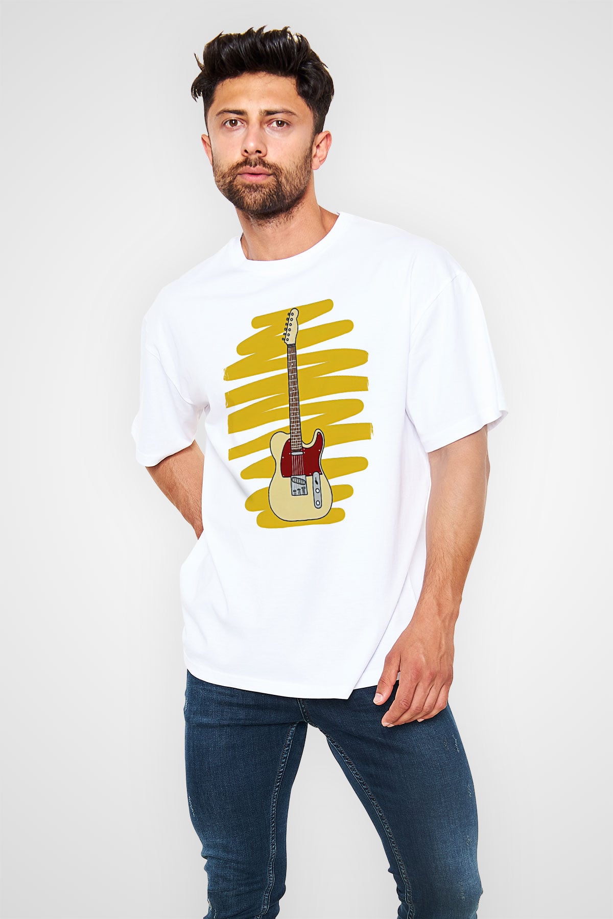Elektro Gitar Baskılı Beyaz Unisex Oversize Tişört - Tshirt
