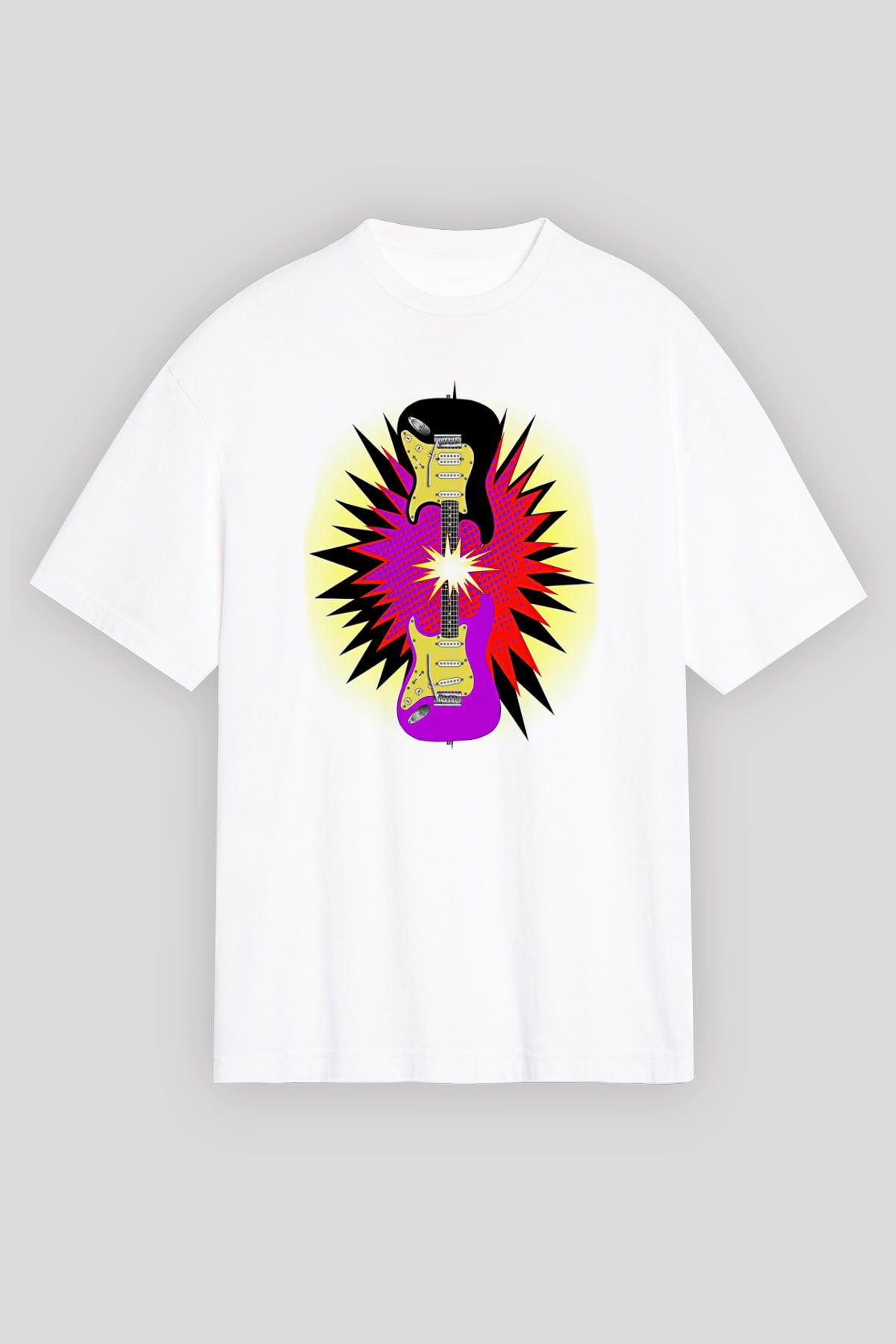 Elektro Gitar Baskılı Beyaz Unisex Oversize Tişört - Tshirt