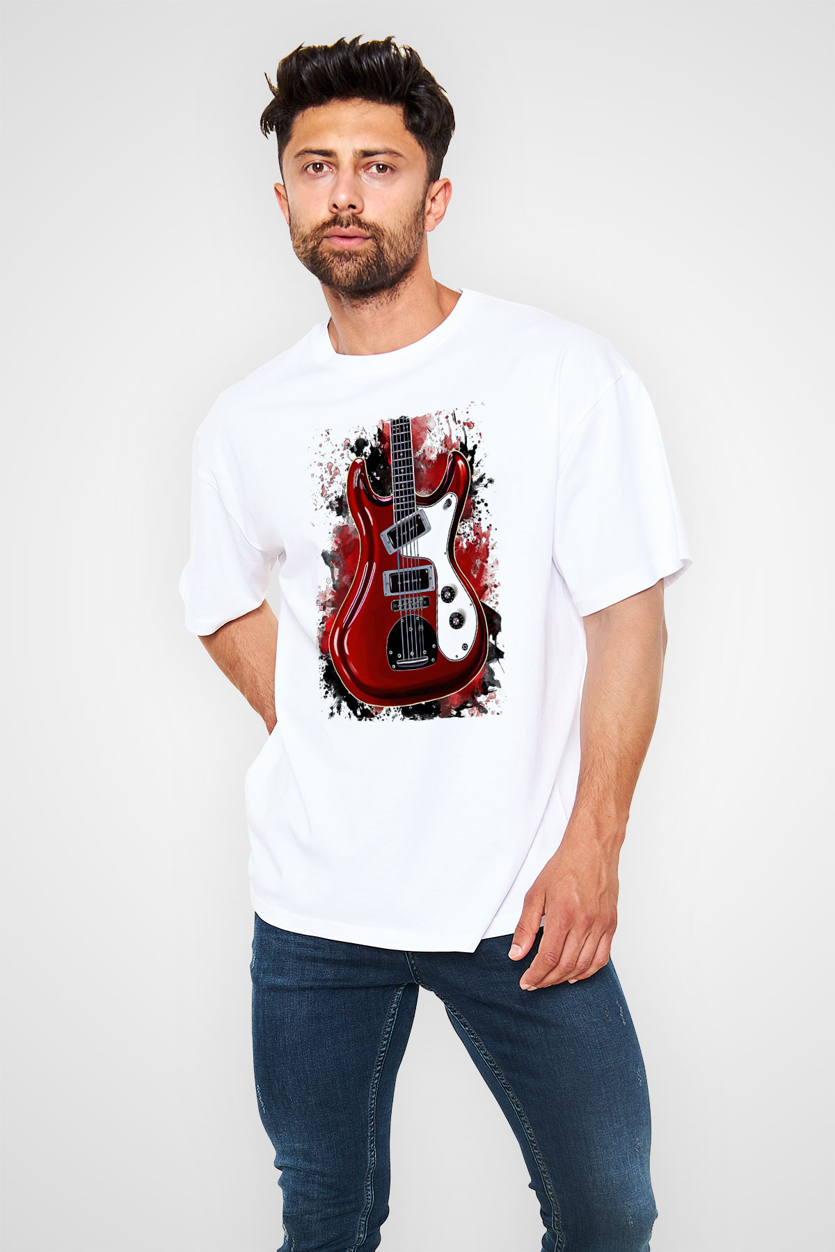 Elektro Gitar Baskılı Beyaz Unisex Oversize Tişört - Tshirt