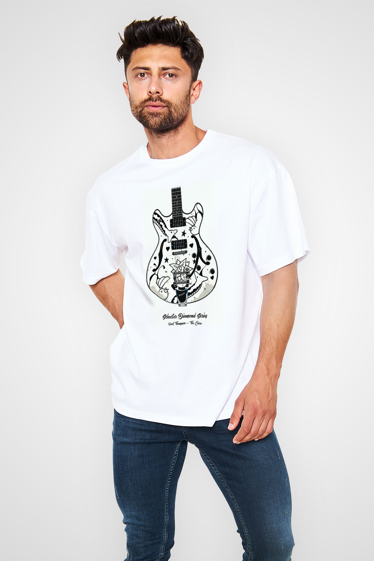 Elektro Gitar Baskılı Beyaz Unisex Oversize Tişört - Tshirt