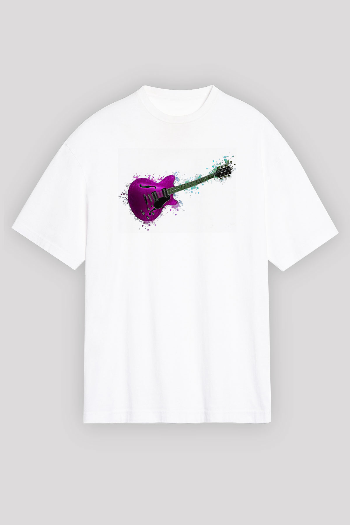 Elektro Gitar Baskılı Beyaz Unisex Oversize Tişört - Tshirt