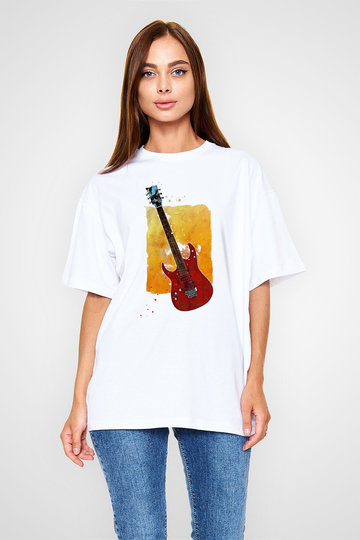 Elektro Gitar Baskılı Beyaz Unisex Oversize Tişört - Tshirt