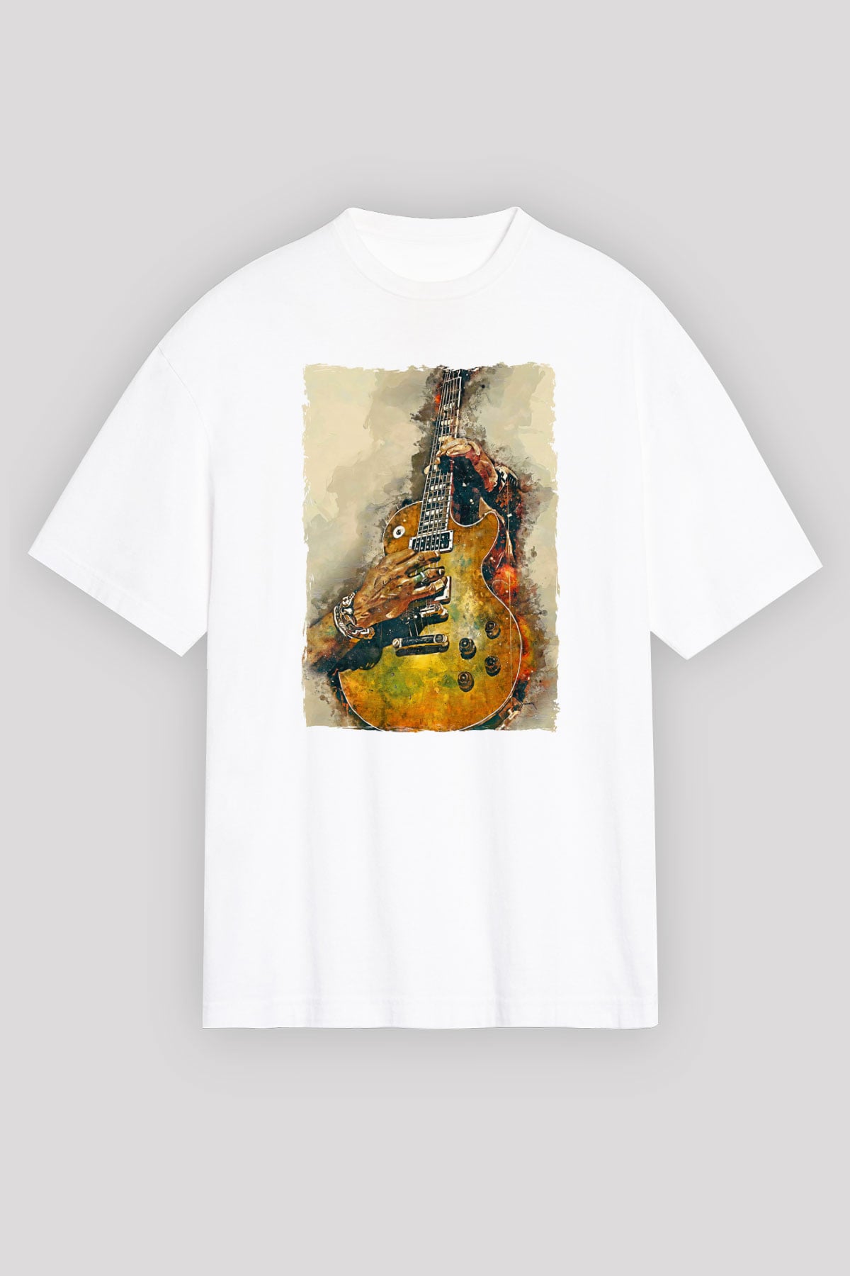 Elektro Gitar Baskılı Beyaz Unisex Oversize Tişört - Tshirt