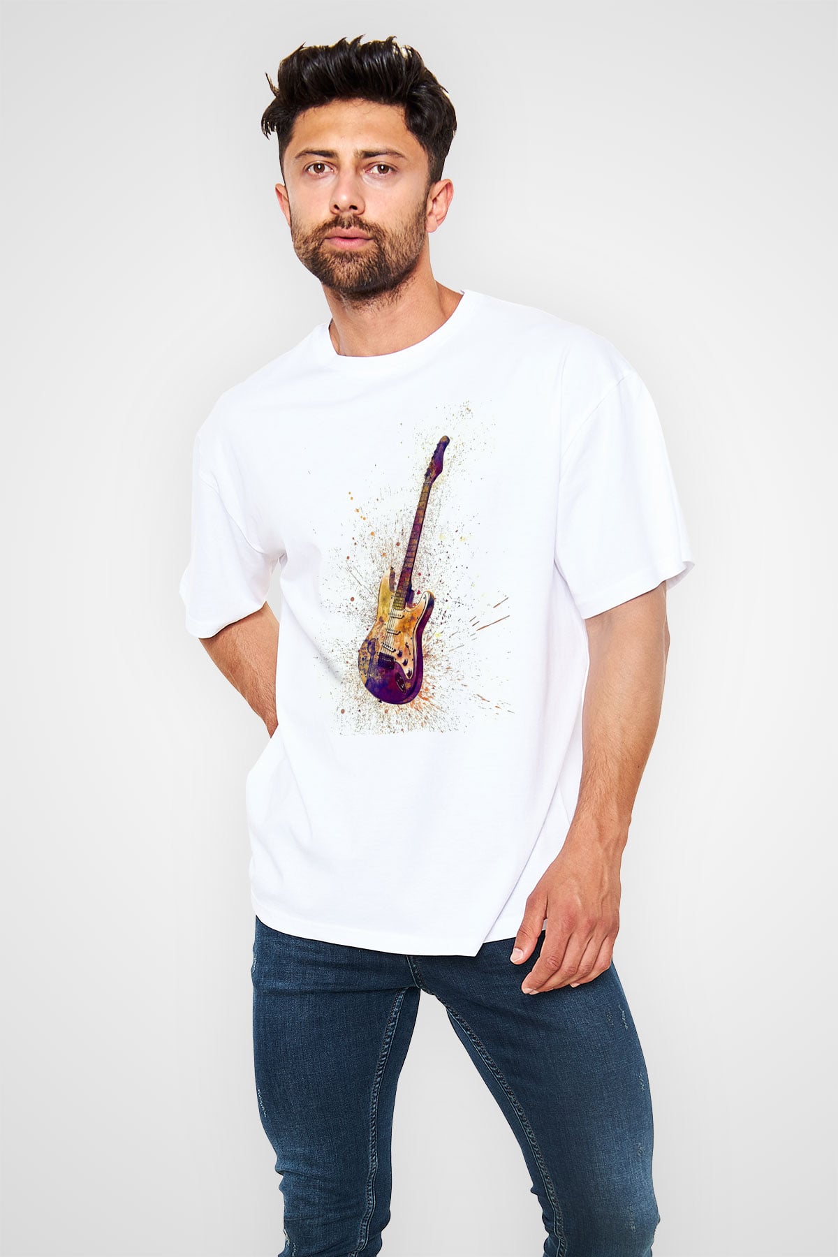 Elektro Gitar Baskılı Beyaz Unisex Oversize Tişört - Tshirt