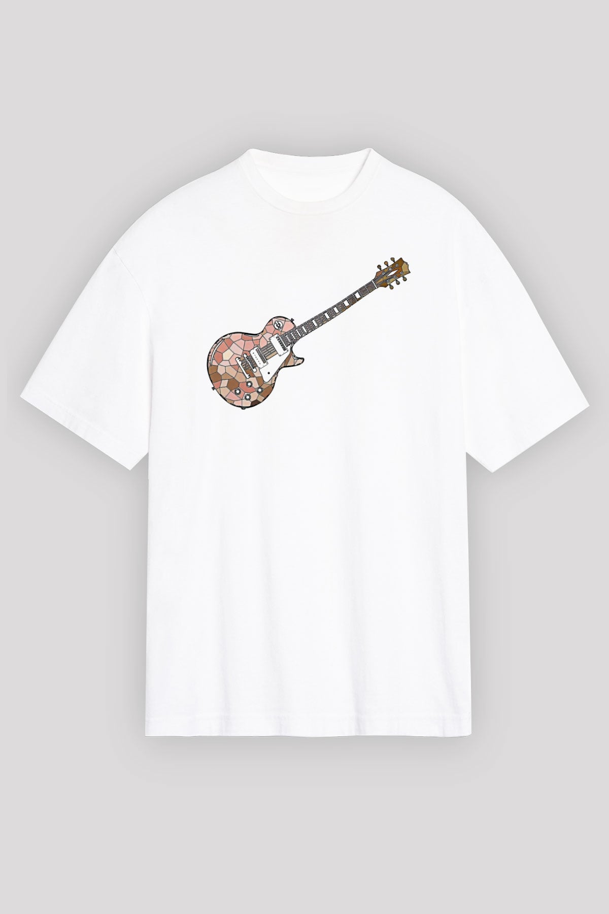 Elektro Gitar Baskılı Beyaz Unisex Oversize Tişört - Tshirt