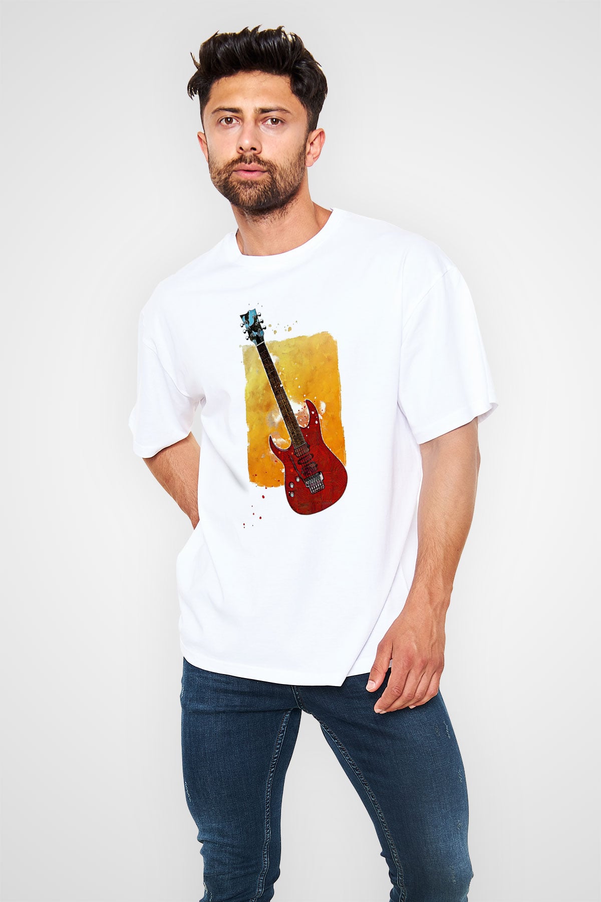 Elektro Gitar Baskılı Beyaz Unisex Oversize Tişört - Tshirt