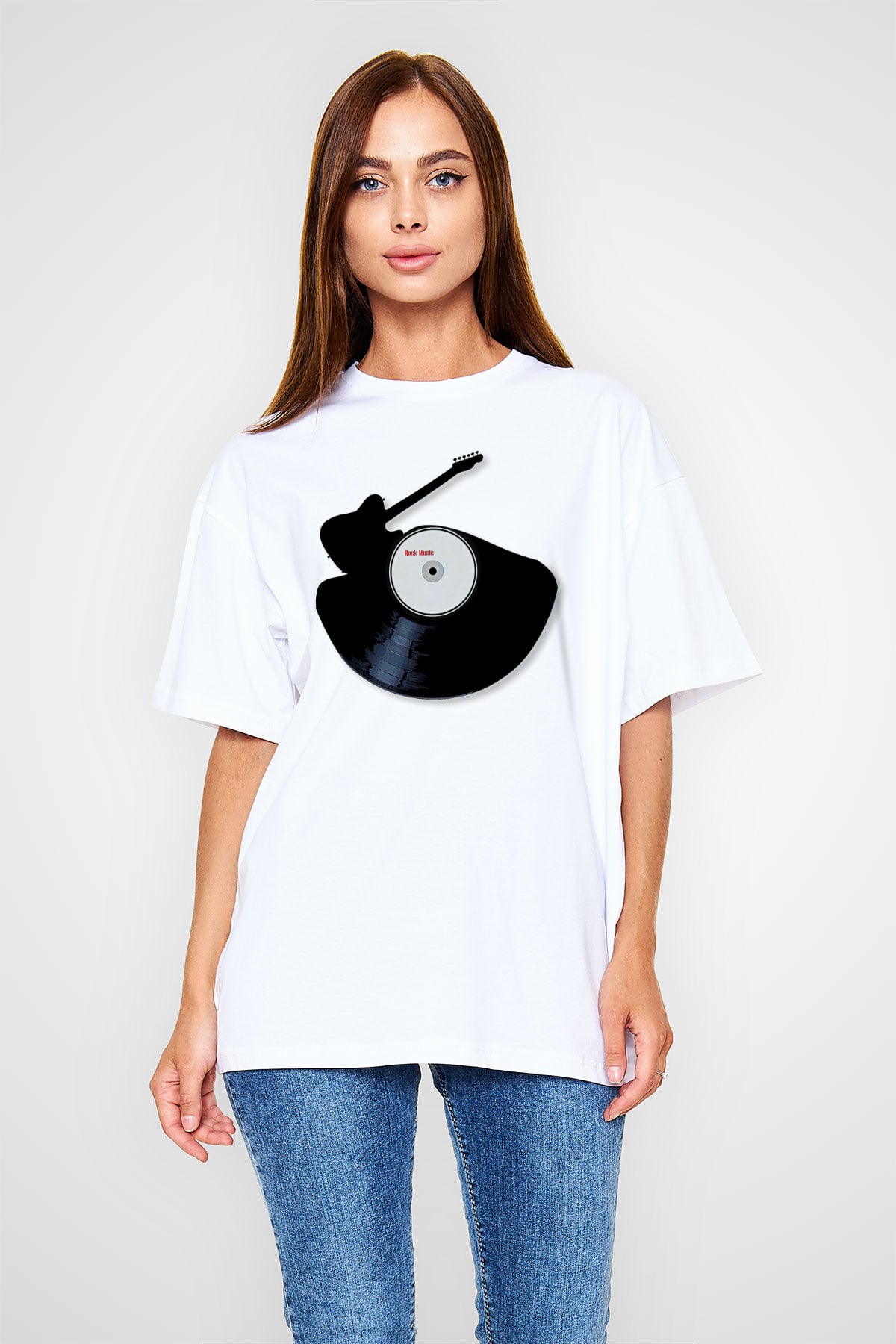 Elektro Gitar Baskılı Beyaz Unisex Oversize Tişört - Tshirt