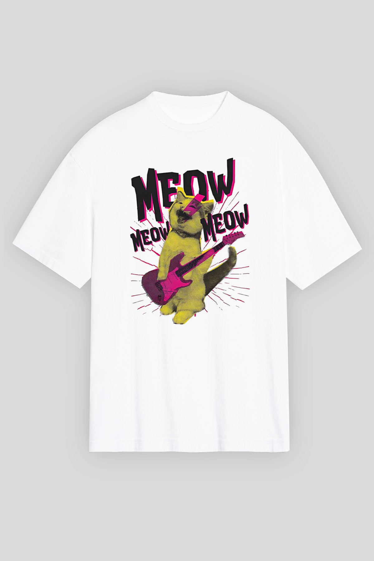 Elektro Gitar Baskılı Beyaz Unisex Oversize Tişört - Tshirt