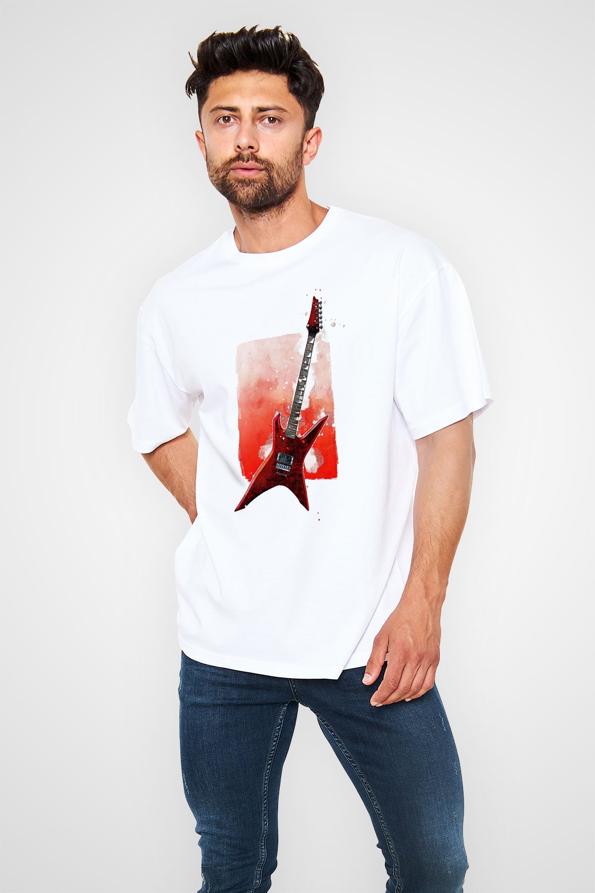 Elektro Gitar Baskılı Beyaz Unisex Oversize Tişört - Tshirt