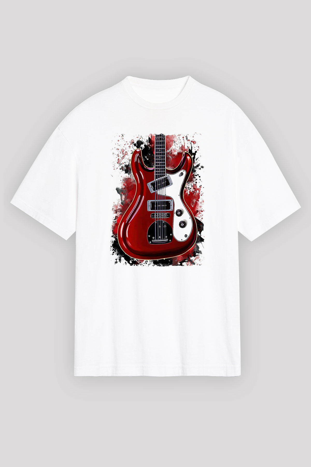 Elektro Gitar Baskılı Beyaz Unisex Oversize Tişört - Tshirt